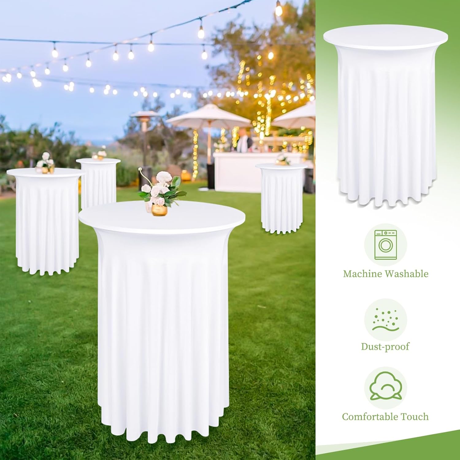 6 Pack Round Cocktail Table Skirts 32 x 43 Inch White Spandex Stretch Cocktail Tablecloth with Wavy Drapes Stretch Fitted Round High Top Table Covers for Wedding Bar Party Banquet