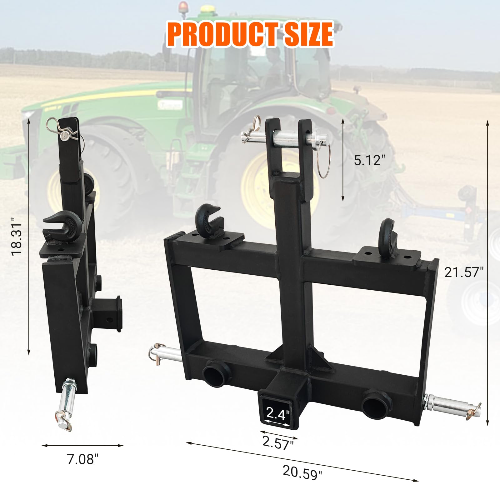 Garvee Attelage remorque 3 Points Robuste pour Tracteur – récepteur 2" en Acier Carbone – 2 Trous pour Pique à Foin – 2 Crochets – Cat 0 & 1 – Accessoire agricole – Noir