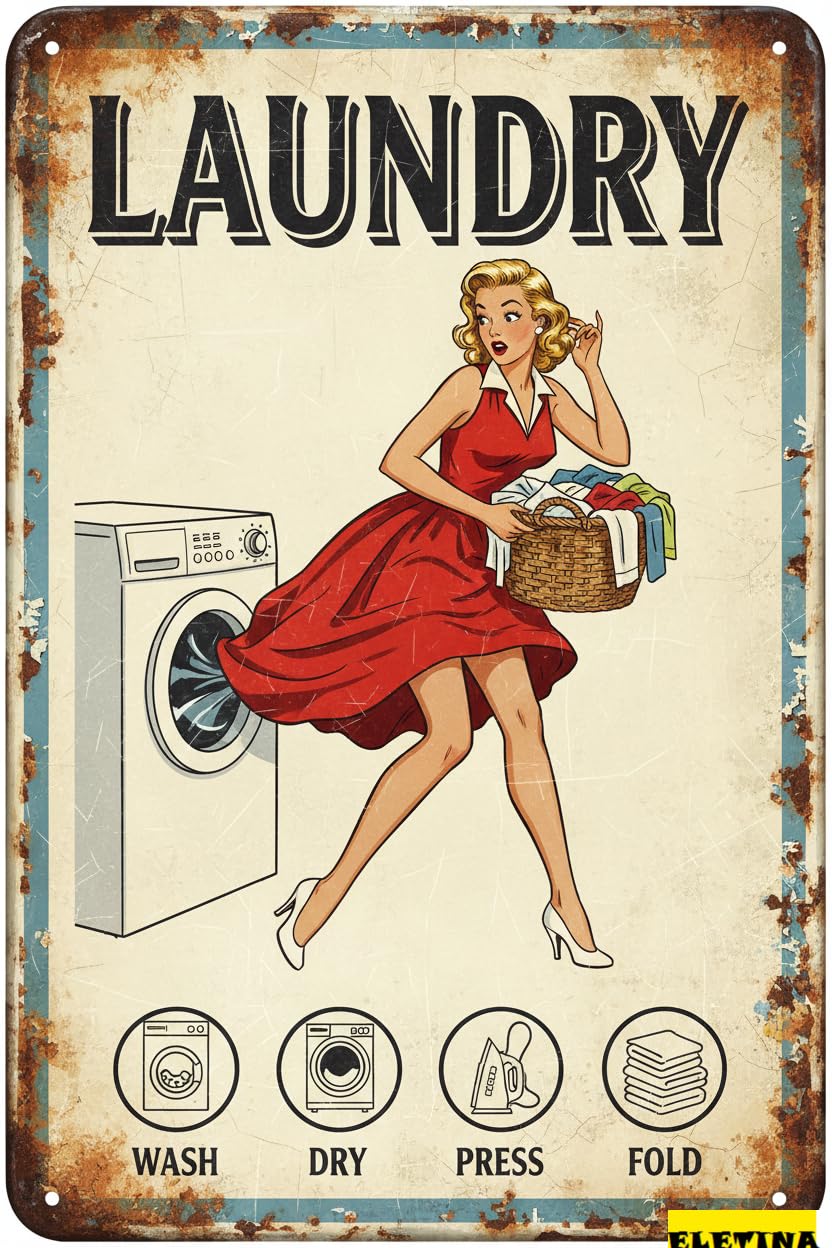 Vintage Metal Tin Sign Rusty Pin Up Girl Laundry Wall Decor Bars Restaurants Cafes Pubs Gift Women Men 8x12 Inch