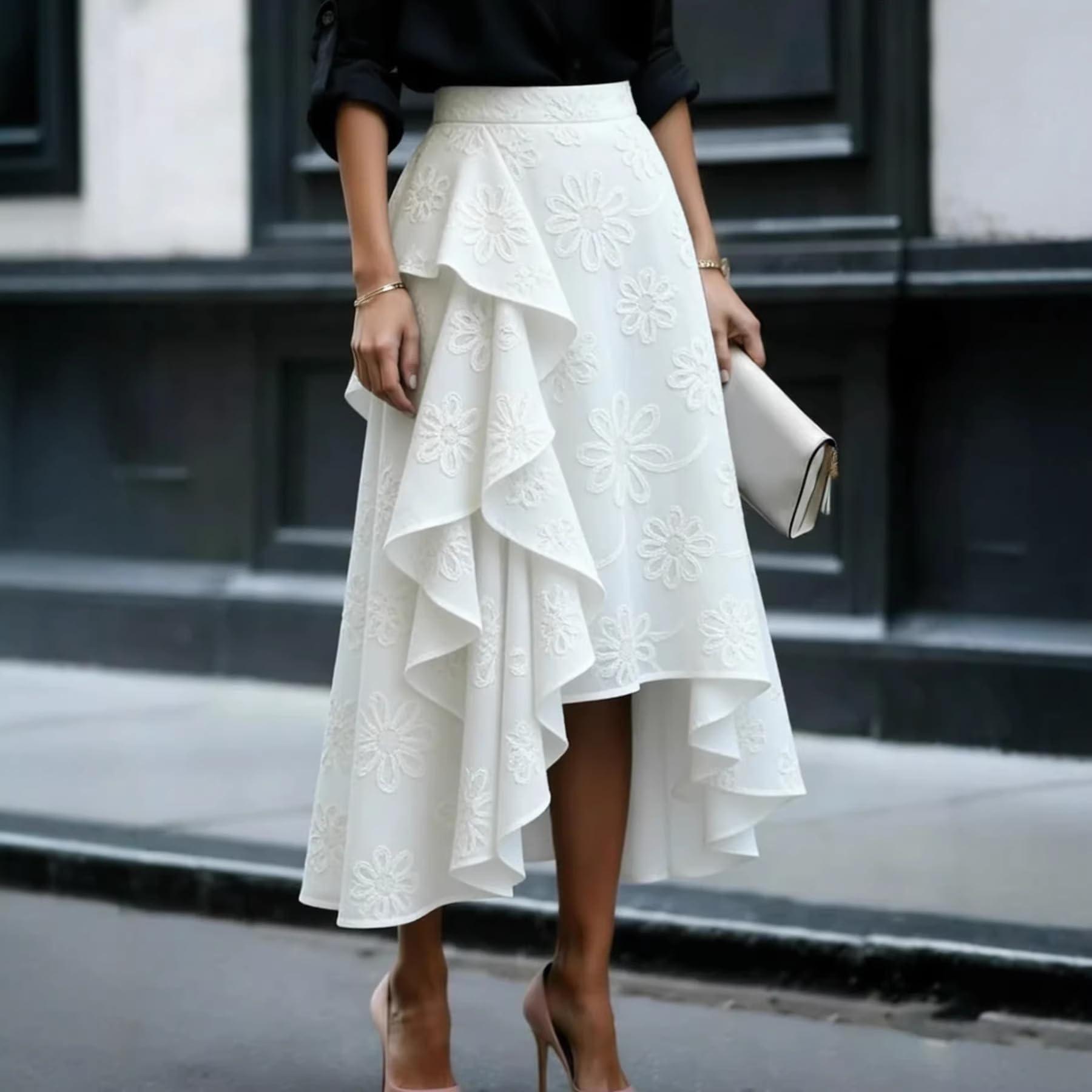 Rock Elegant Damen Festlich Midi Faltenrock Lang Plisseerock A Linie Damenrock Rüschen Midirock High Waist Sommerrock Leicht und Luftig Rüschenrock Skirts for Women