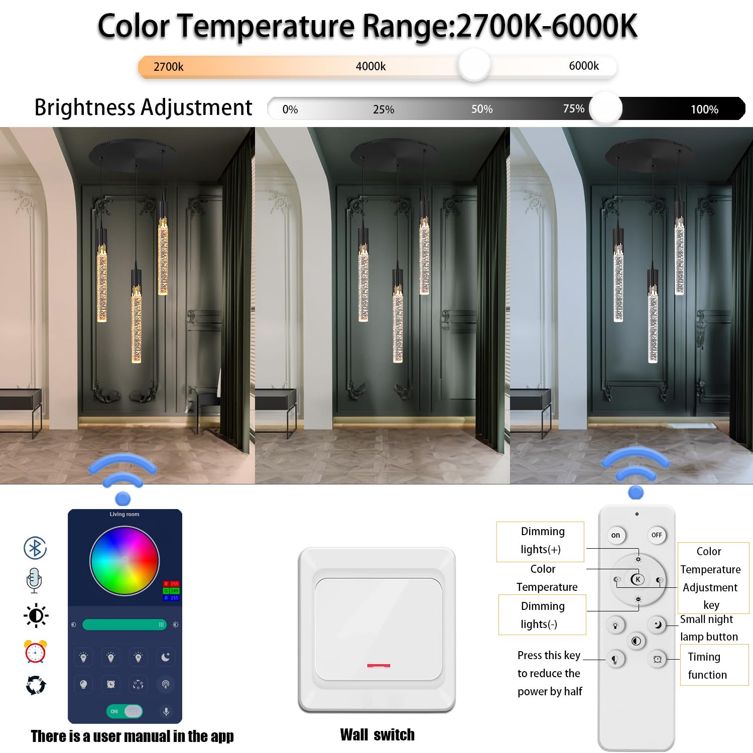 Lámpara de araña Mini Moderna Negra de 3 Luces | Lámpara Colgante LED de Cristal Regulable para Isla de Cocina, Comedor, Dormitorio, 2700K-6000K