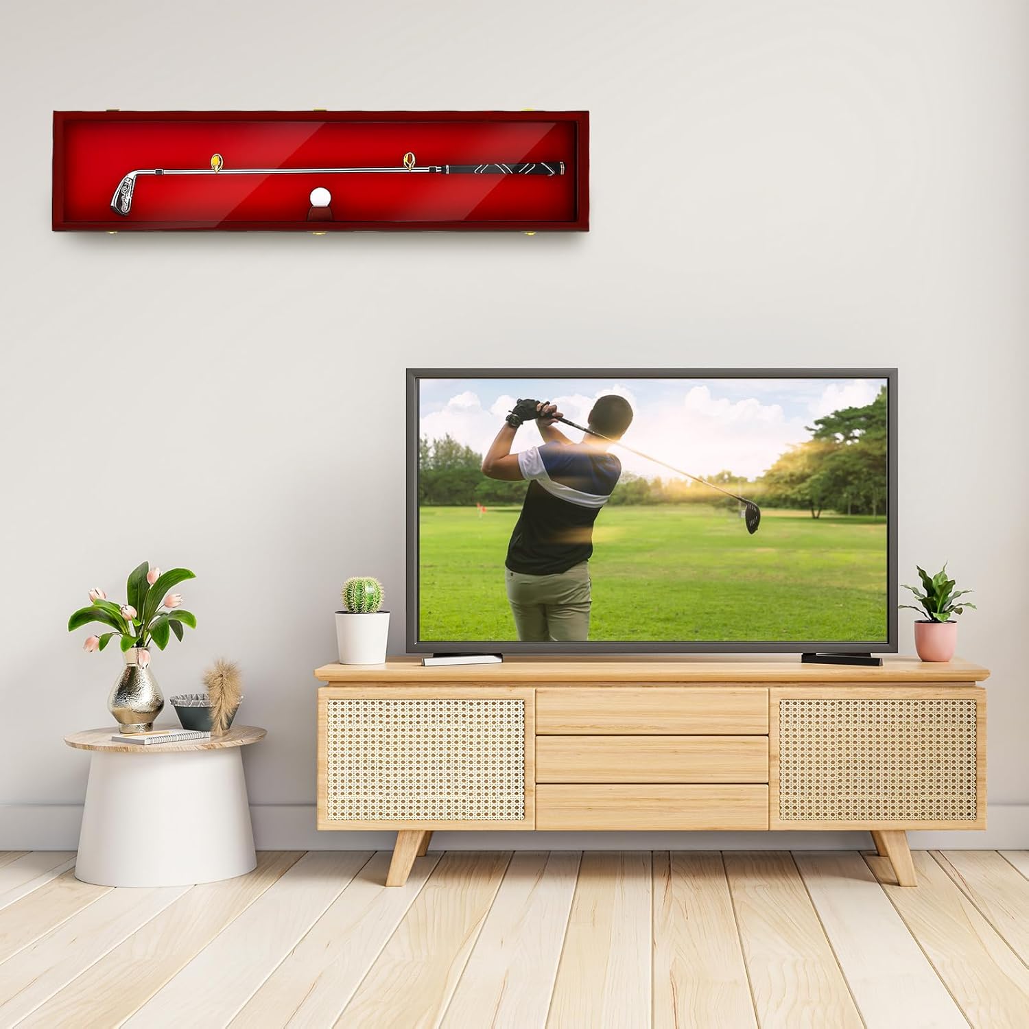 Silipull 44.5'' Golf Club Display Case Wood Storage Display Cabinet with Hanger Stand Lock Wall Mount W/ 98% UV Protection Acrylic Lockable Door Case Rack for Christmas Antique Vintage Golf Club Gift