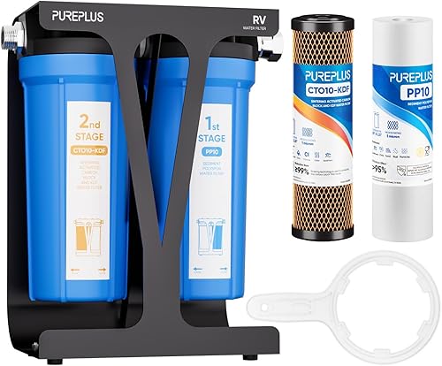 PUREPLUS Sistema de filtro de agua de doble etapa para RV, incluye dos cartuchos y soporte de montaje, certificado NSFANSI 42, reduce los