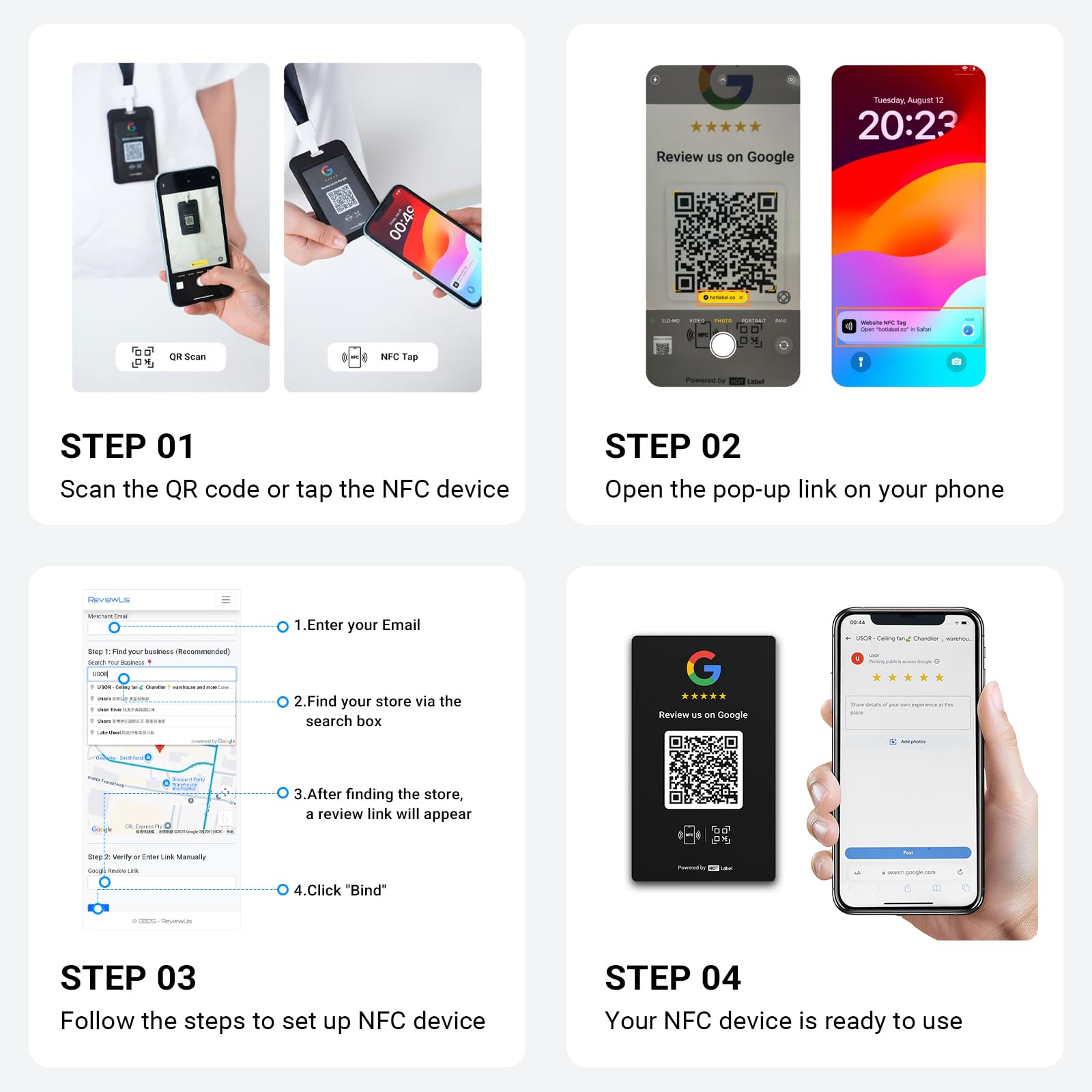 HotLabel Google Review Stand 1 pack + carte Google Review Tap en bonus – Noir – NFC Tap & QR Code – Prend en charge 2 différents magasins ou Same – Pas d'application/souscription