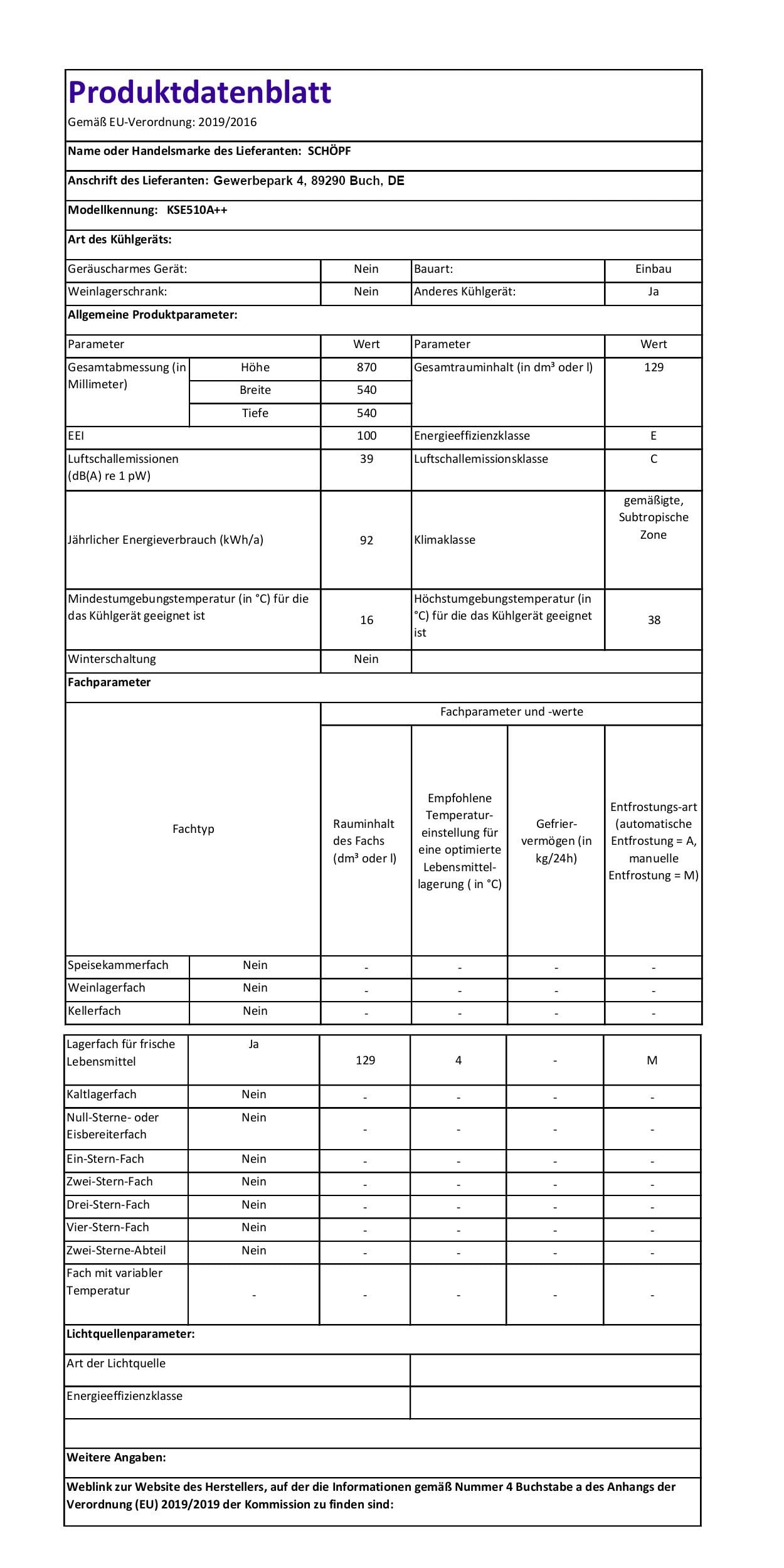 SCHOEPF – KSE510A++ Einbau-Kühlschrank 129 L – Leise 39 dB – Automatisches Abtauen – 88 x 54 x 54 cm – Wechselbarer Türanschlag – Vollraum-Kühlschrank mit Glasablagen und Gemüseschublade
