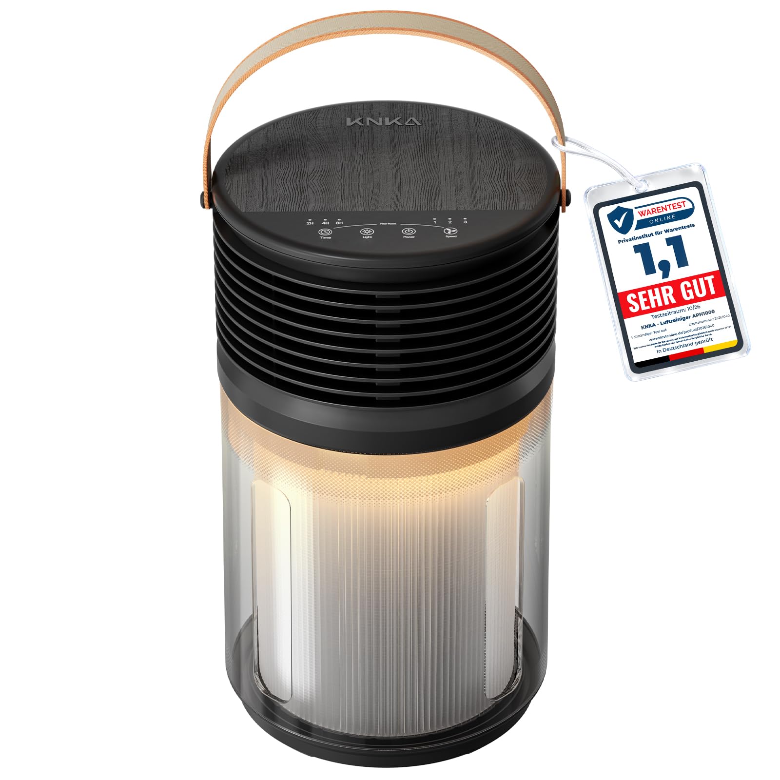 KNKA HEPA Luftreiniger für Allergiker, Pollen & Allergene, kompakt, Schwarz | HEPA Air Purifier, 100 m³/h CADR, 4 Stufen, 2/4/8h Timer, warmes Licht, Aromabox, leise & tragbar für Schlafzimmer & Büro