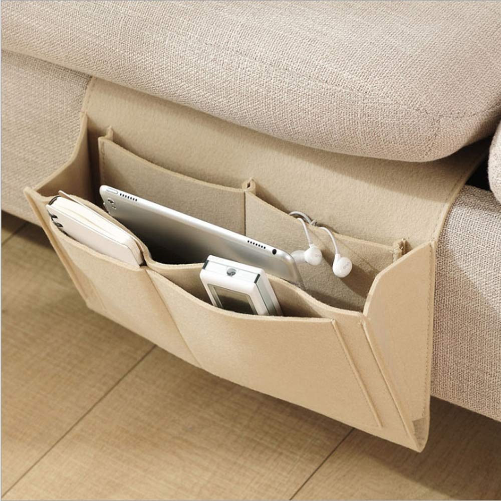 Homieco Beige Bedside Pocket Felt Bedside Caddy Sofa Bed Hanging Storage Organizer Bag With 5 Pockets For Magazine Phone Book Remote