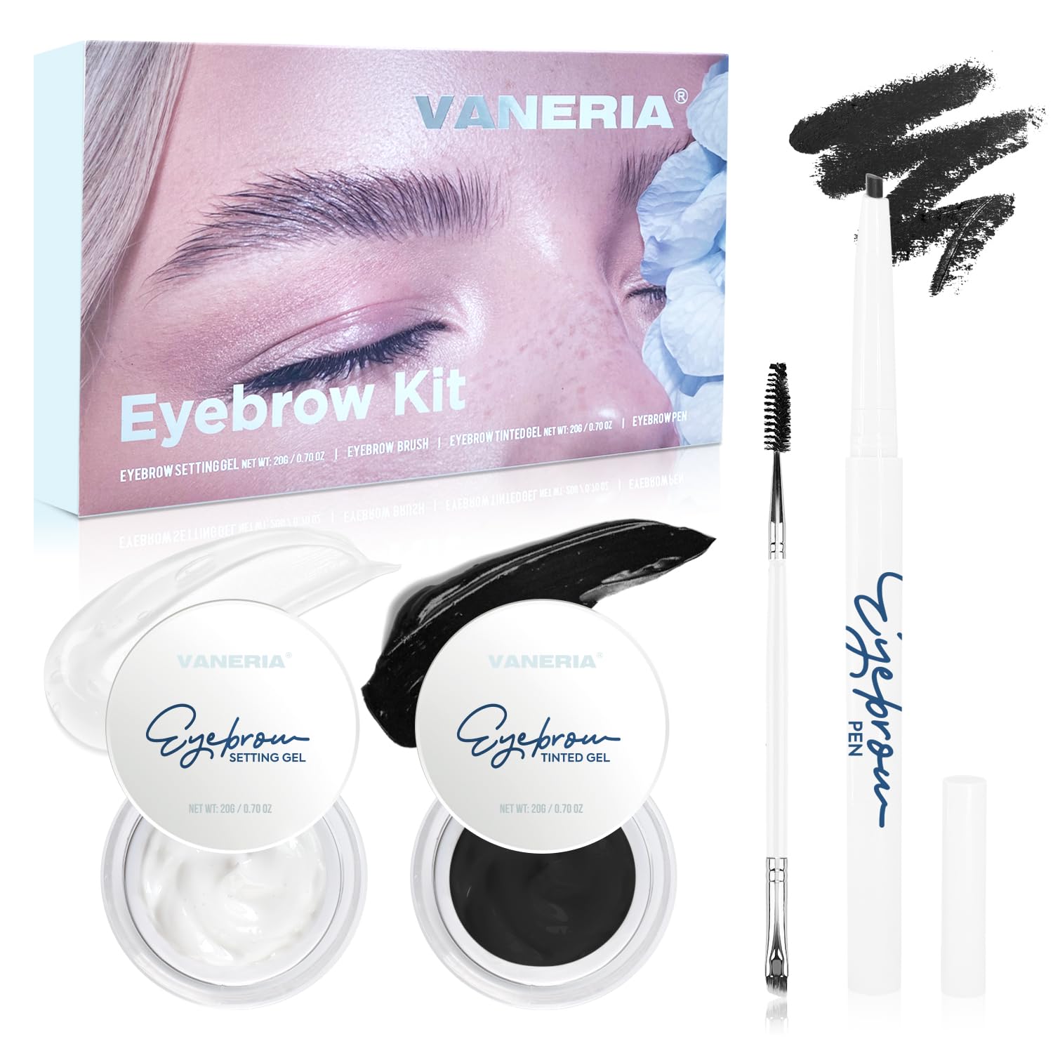VANERIA Kit de Maquillaje de Cejas con Jabón, Maquillaje de Cejas Rellenable, Gel Fijador de Cejas+Gel Tintado de Cejas+Lápiz de Cejas+Pincel de Cejas. (Negro)