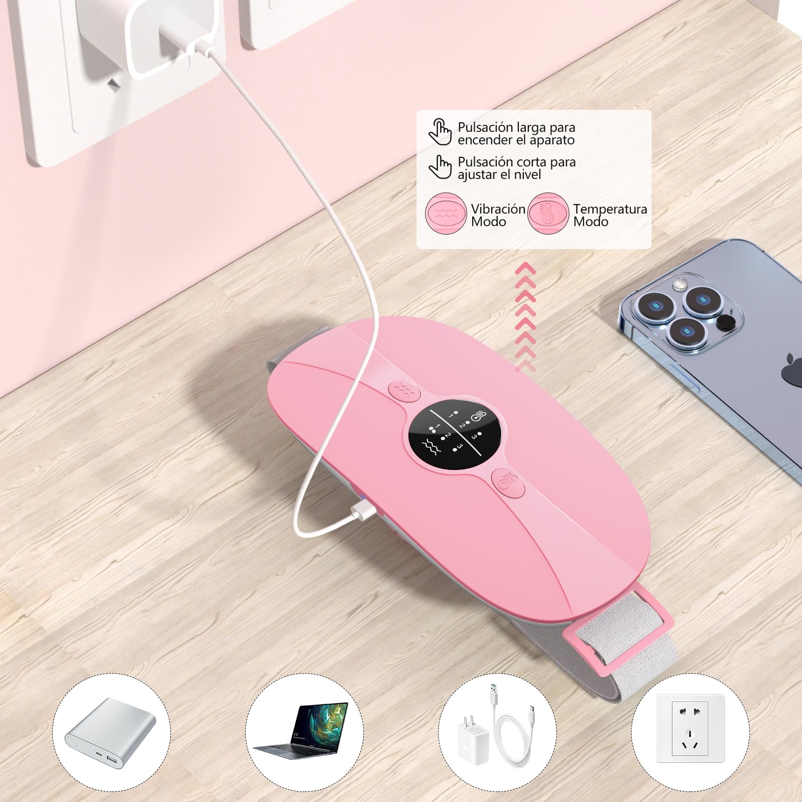 Almohadilla térmica menstrual,Cinturón de Calentamiento Eléctrico USB para el Vientre,3 Niveles de Calor y 3 Modos de Masaje,Soporte de Espalda Calentado para Alivio Dolor Menstrual (Rose)