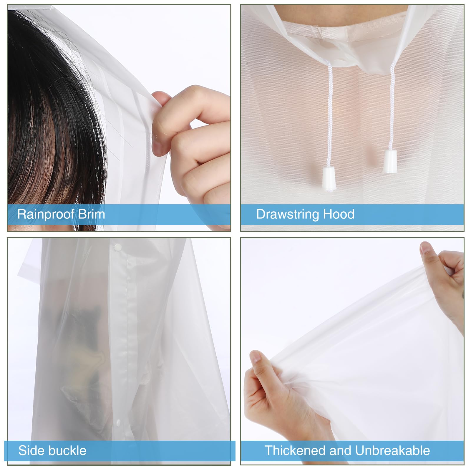 Zhehao 20 ponchos de lluvia para adultos con capucha con cordón reutilizable, impermeable, poncho de plástico EVA grueso para mujeres y hombres, camping (blanco)