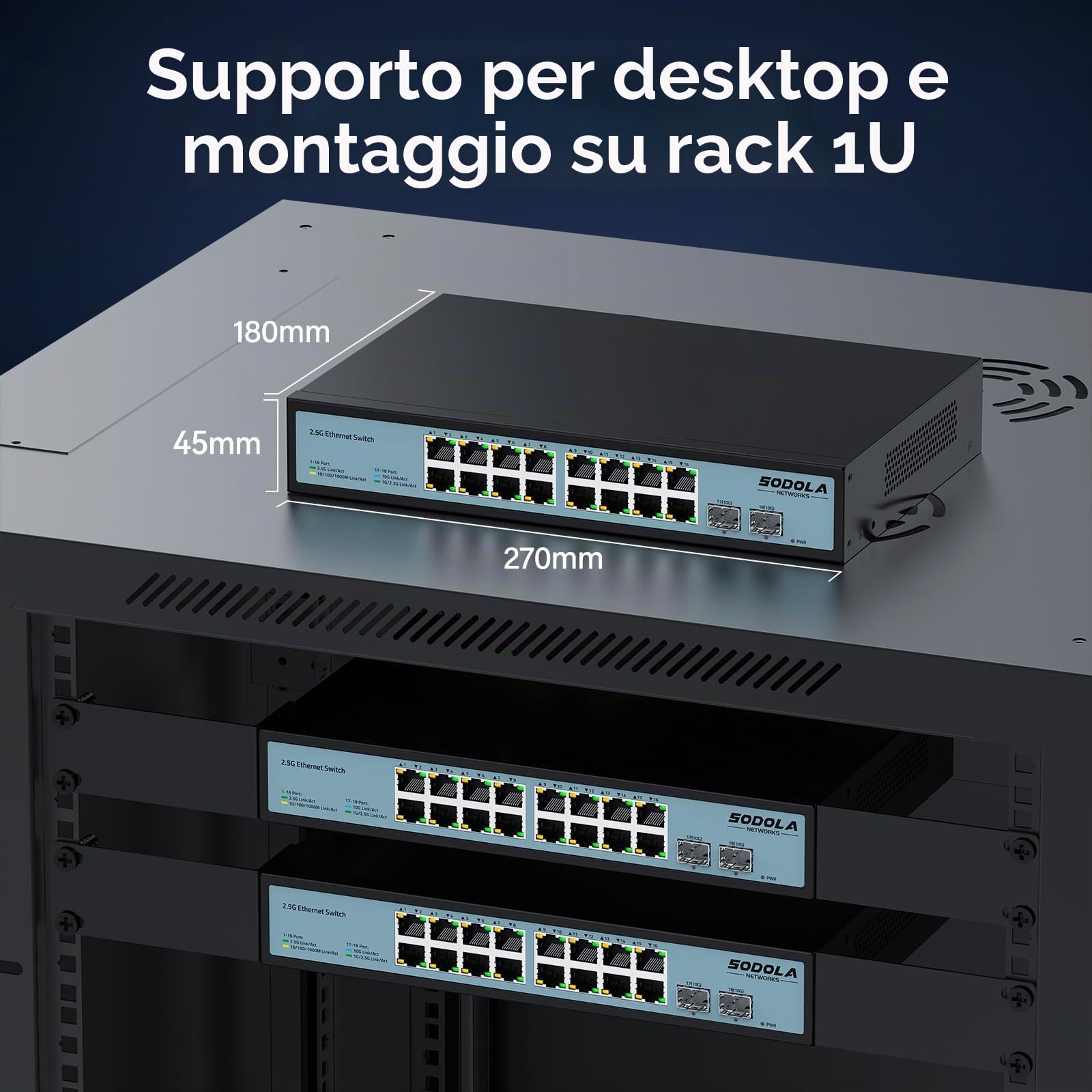 SODOLA Switch Umanaged, 16 porte 2,5 GB, porte T 16 x 2,5 GBASET, 2 x 10G SFP+ | 120Gbps Switching Capacity, 1U Rack Mount / senza ventole / Plug & Play Multi-Gig Switch di rete per SOHO/Home Lab