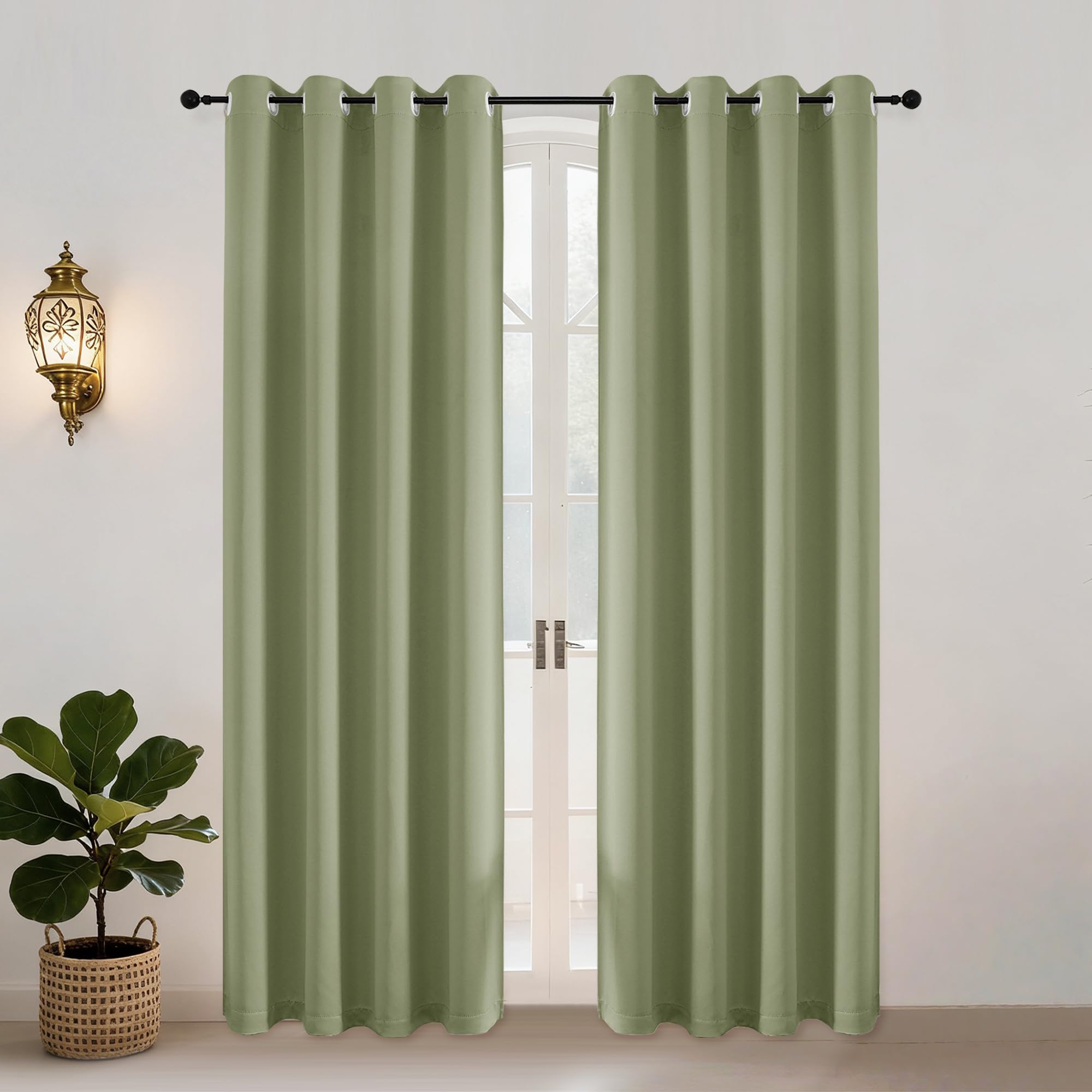 Simplebrand Ava Sage Green Blackout Eyelet Curtains for Living Room 200 cm Length 2 Panels Set, Privacy Thermal Insulated Window Door Curtains & Drapes for Bedroom, W 140 cm x L 200 cm
