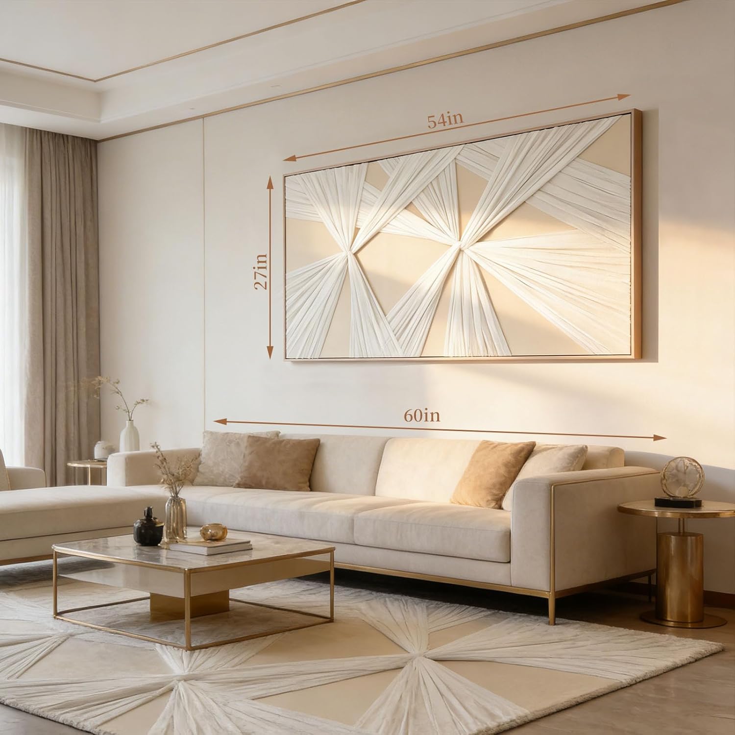 Artists' Handicraft, Extra Large Luxury 3D Fabric Neutral Textured Wall Art, Minimalist Abstract Boho Modern Long Beige Painting Wall Decor for Living Room Bedroom Hallway Office, Horizontal, 54x27 Inces