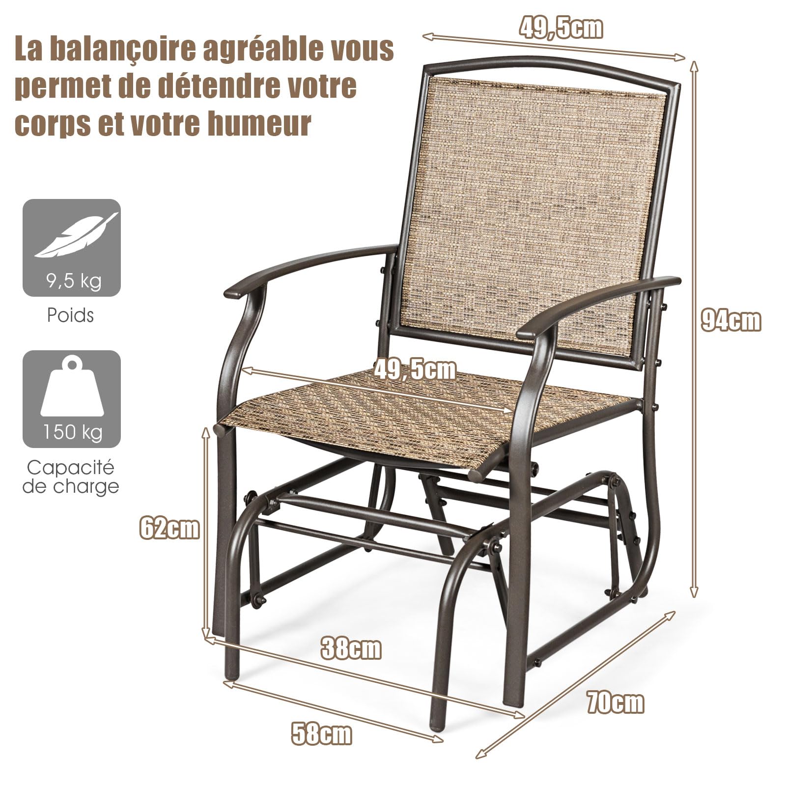 GOPLUS Mecedora Jardín Exterior, Silla Ergonómica con Estructura de Metal, Respaldo Transpirable Teslin y Reposabrazos, para Terraza Patio Piscina, Carga 150 kg (1 Pieza)