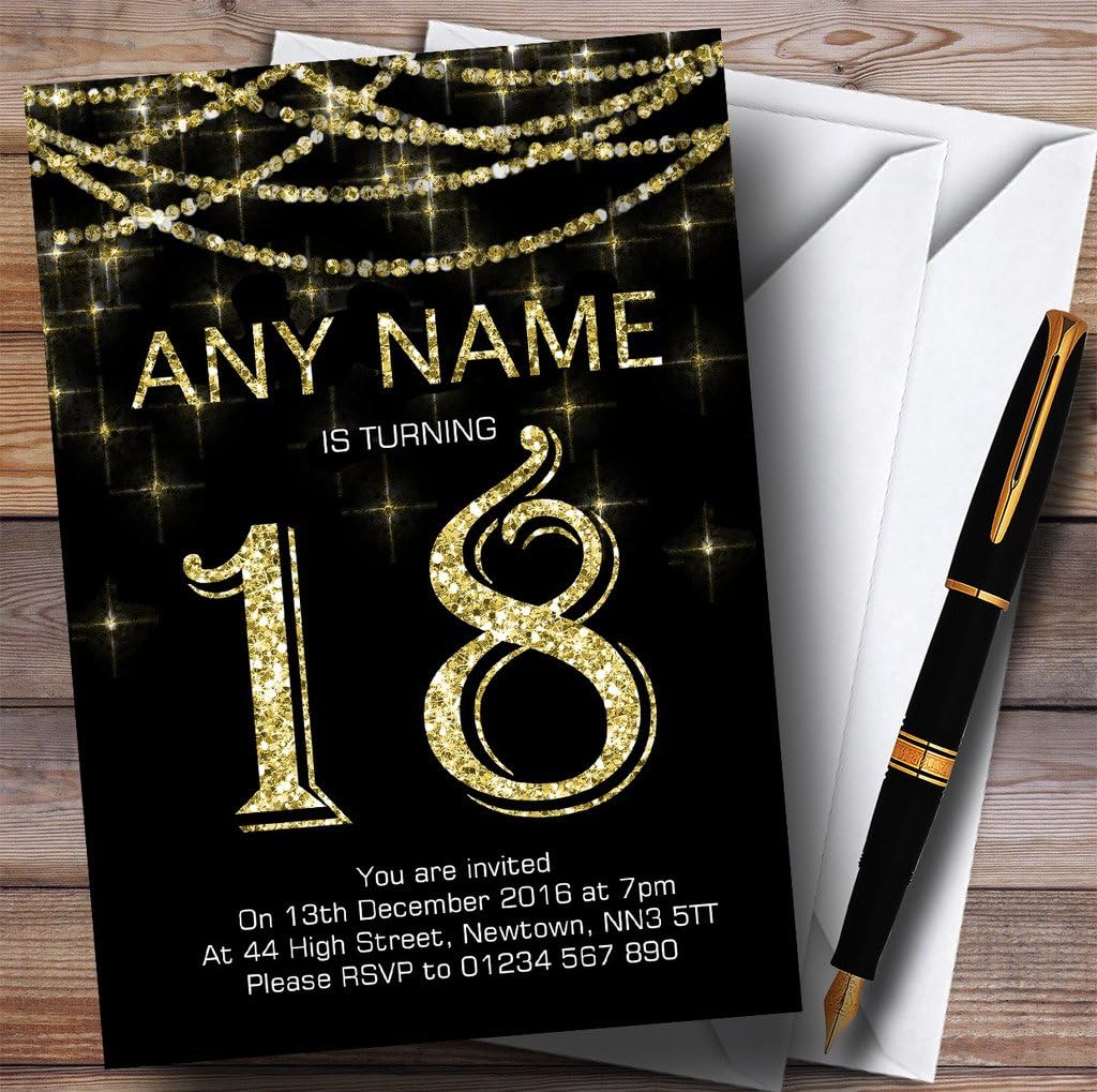 Black & Gold Sparkly Garland 18th Personalized Birthday Party Invitations