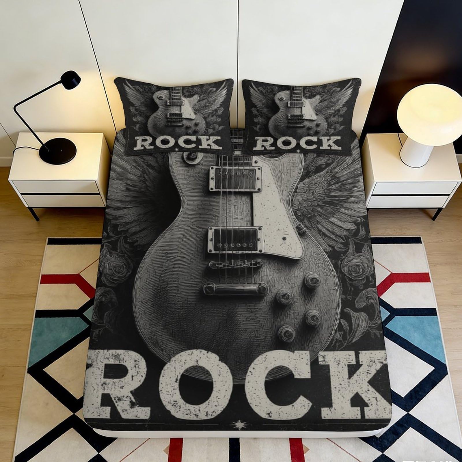 Pnayamiorkfel Style-5 3D Printed Electric Guitar Rock Fitted Sheet Microfiber Black Bed Cover For Bedroom Dorm Mattress Decoration 90X200x25cm
