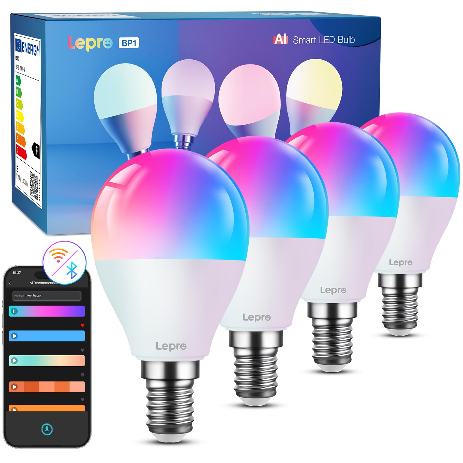 Lepro Smart E14 LED BP1 G45, Personalisierter KI-Lichtdesigner, 4.9W 470LM RGB+CCT, Dimmbar, Kompatibel mit Alexa/Google, Musik Sync, WiFi & Bluetooth, KI-Ambientebeleuchtung, 4er Pack