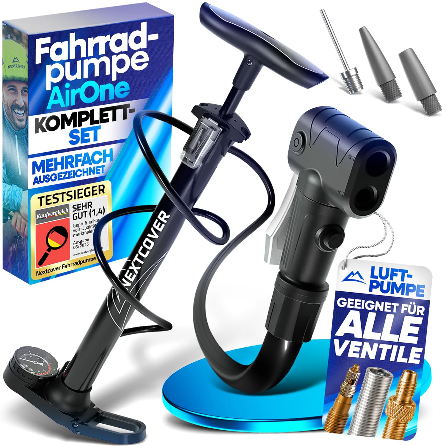 NEXTCOVER® Fahrradpumpe Alle Ventile mit [Airflow-Technologie] I Pumpe für Autoventil, Presta Ventil & Dunlopventil I Standluftpumpe Fahrrad mit Manometer I Luftpumpe Fahrrad [AirOne]