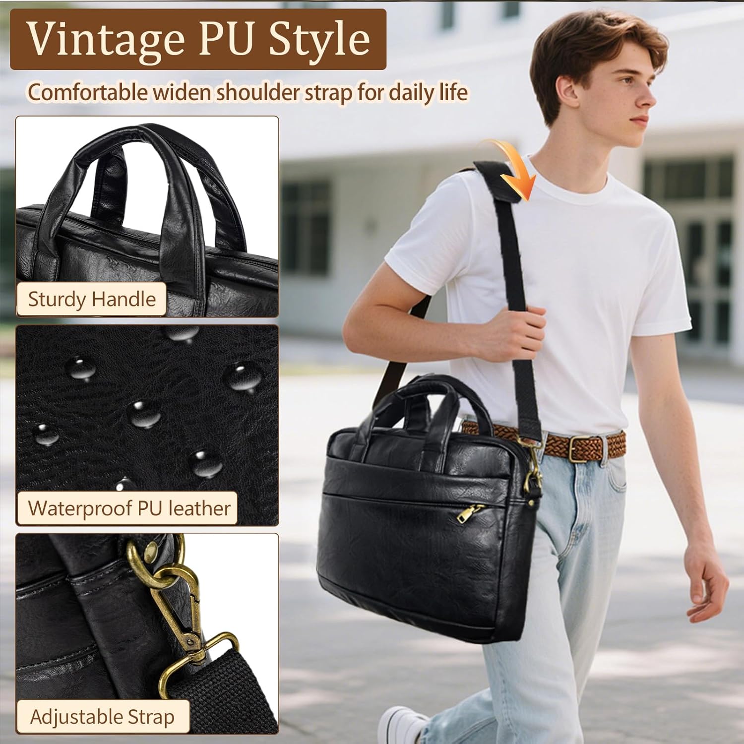 Faux Leather Messenger Bag for Men 15.6 Inch: Laptop Bag Briefcase Computer Handbags Shoulder Crossbody Bag with Padded Laptop Sleeve for Work College Travel, PU Black - Image 5