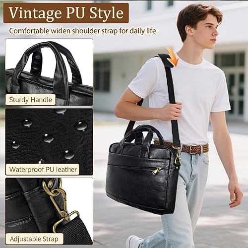 Miniatura 37 de Bolsa de mensajero para hombre de 17.3 pulgadas de lona/cuero para portátil, mochila para hombre, maletín para computadora, bolsa de hombro Marrón