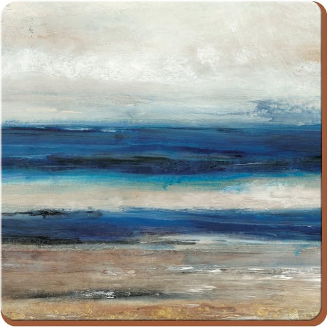 Creative Tops Abstract Ocean View Set of 6 Premium Wooden Cork-Backed Coasters, Blue, 10.5 x 10.5 cm (4" x 4")
