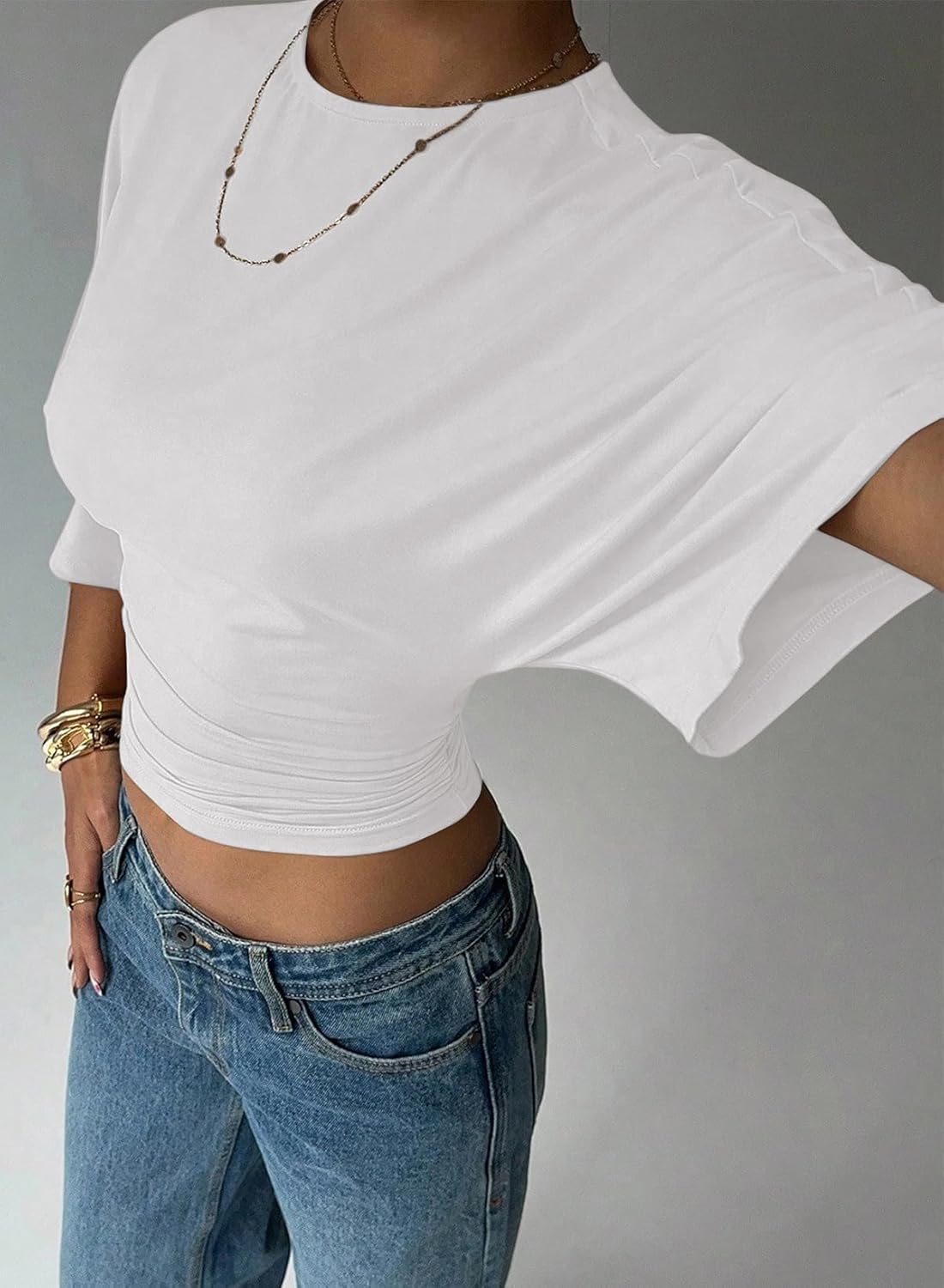 LOLONG Womens Crew Neck Half Sleeve Ruched Shirts Summer 2026 Casual Cinched Waist Crop Tops - Image 4