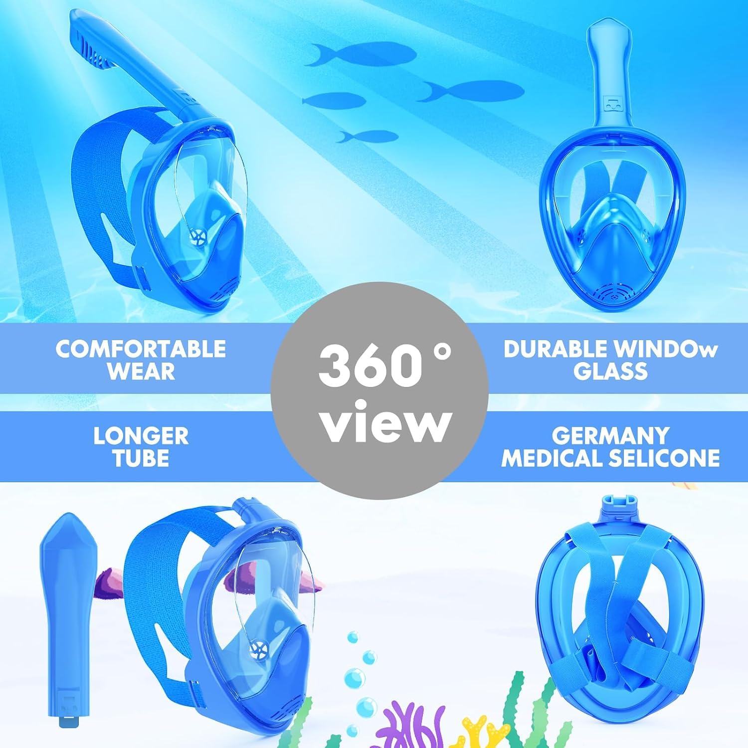 Maschera da snorkeling per bambini, con supporto per fotocamera, vista panoramica a 180°, anti-appannamento, anti-perdite