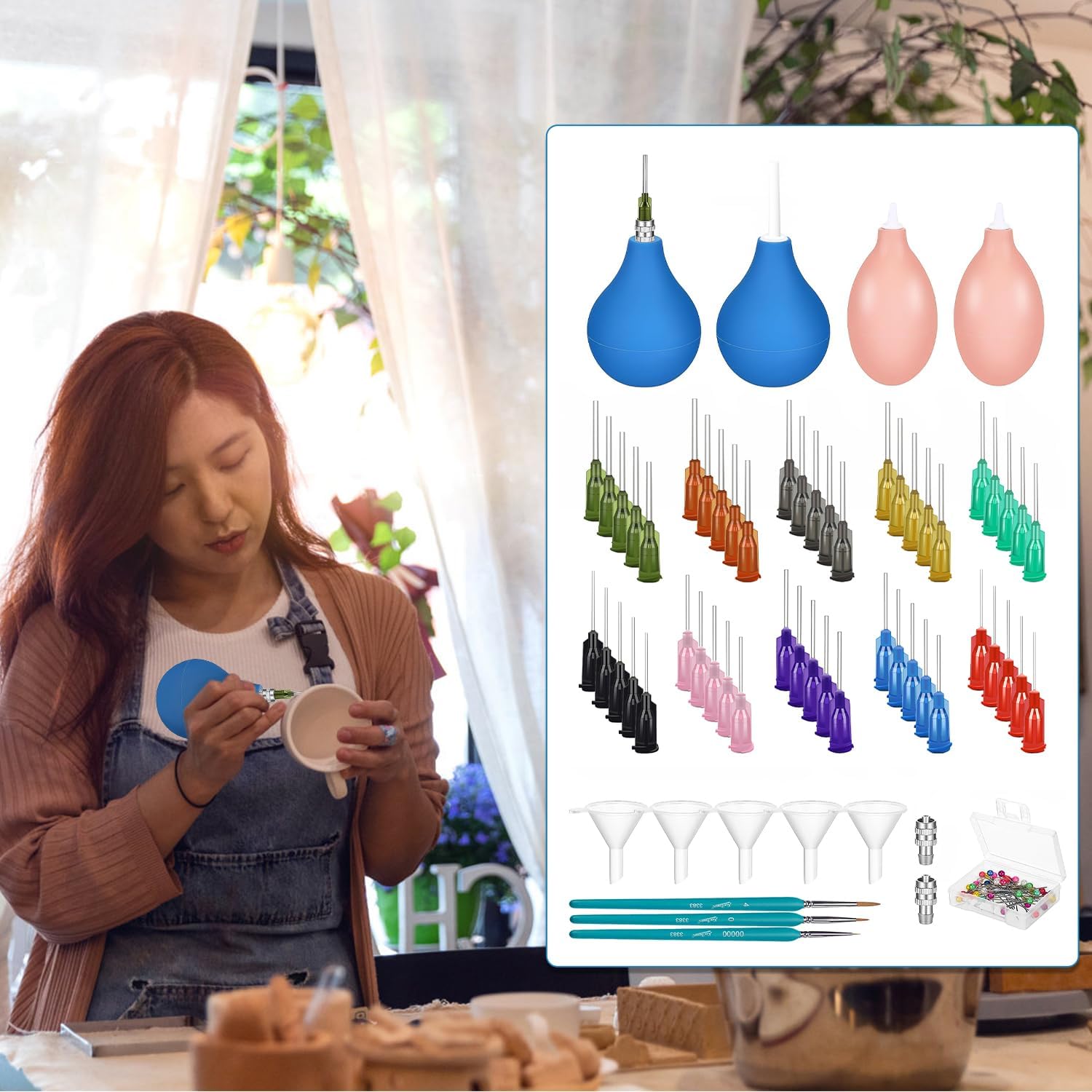 LAMPTOP 164 Pieces Pottery Tool Ornament Tools, Pottery Tools Accessories Glaze Precision Applicator Set, Plastic Steel Needles with Adapter, Extrusion Bottle and Funnel, Brushes