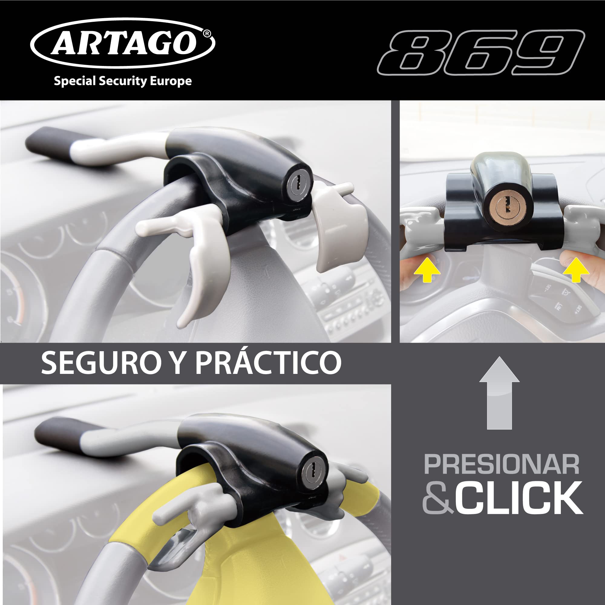 ARTAGO 869 Antirrobo Coche Alta Gama, Bloqueo Volante Más Seguro Alrededor del Radio, Cierre Alta Seguridad Press & Click Más Práctico, Cepo Barra Universal para Auto SUV Camper Autocaravana