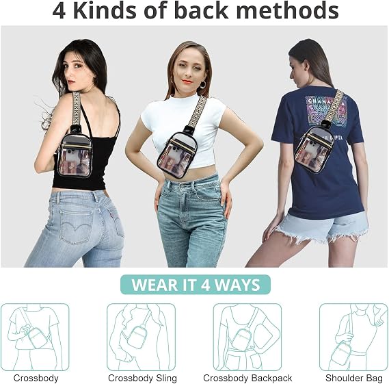 Clear Sling Bag - Stadium Approved Fanny Pack for Women & Men - Transparent Crossbody Bag with Adjustable Guitar Straps for Sports, Beach, Events, Concerts, Festivals, XB02-7, 7.9 x 2 x 6.1