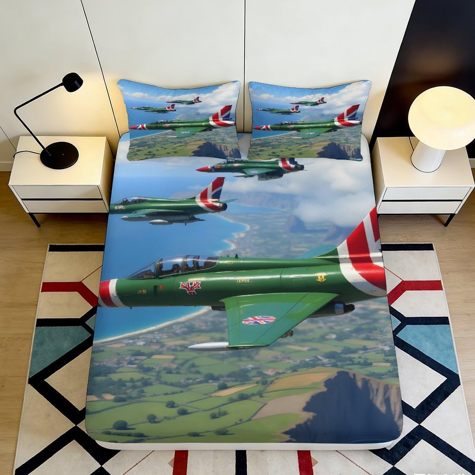 3D Printed Fighter Jet Aerial Formation Fitted Sheet Microfiber Soft Bed Sheet for Bedroom Dorm Mattress Decor 90x200x25cm