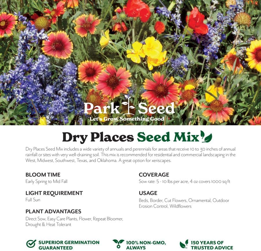 Park Seed Grow Your Own Vibrant Annual and Perennial Wildflower Garden Mixture, Easy to Grow Varieties for Pollinators and Spring Gardens - Dry Places Mix, 1/4 lb