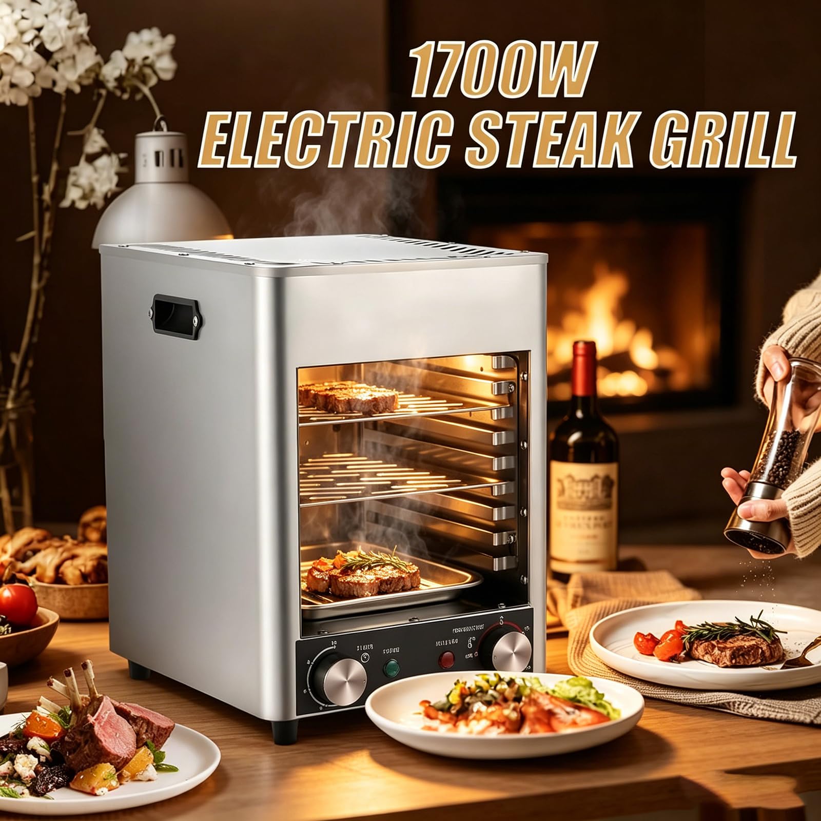 Komercyjny piec do mięsa 1700 W, bezdymny grill ze stali nierdzewnej, szybkie podgrzewanie 5 minut, regulowana temperatura od 200 do 800 ℃, 10-minutowy timer