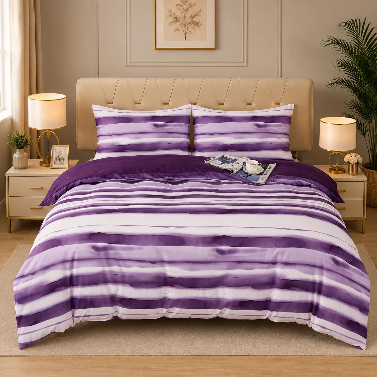 Premium Microfibre Bedding Set with Fitted Sheet – Soft Breathable Duvet Cover, Deep Pocket Sheet & Pillowcases – Single (3 Piece), Double, King & Super King (4 Piece) (Purple Stripe, Double)