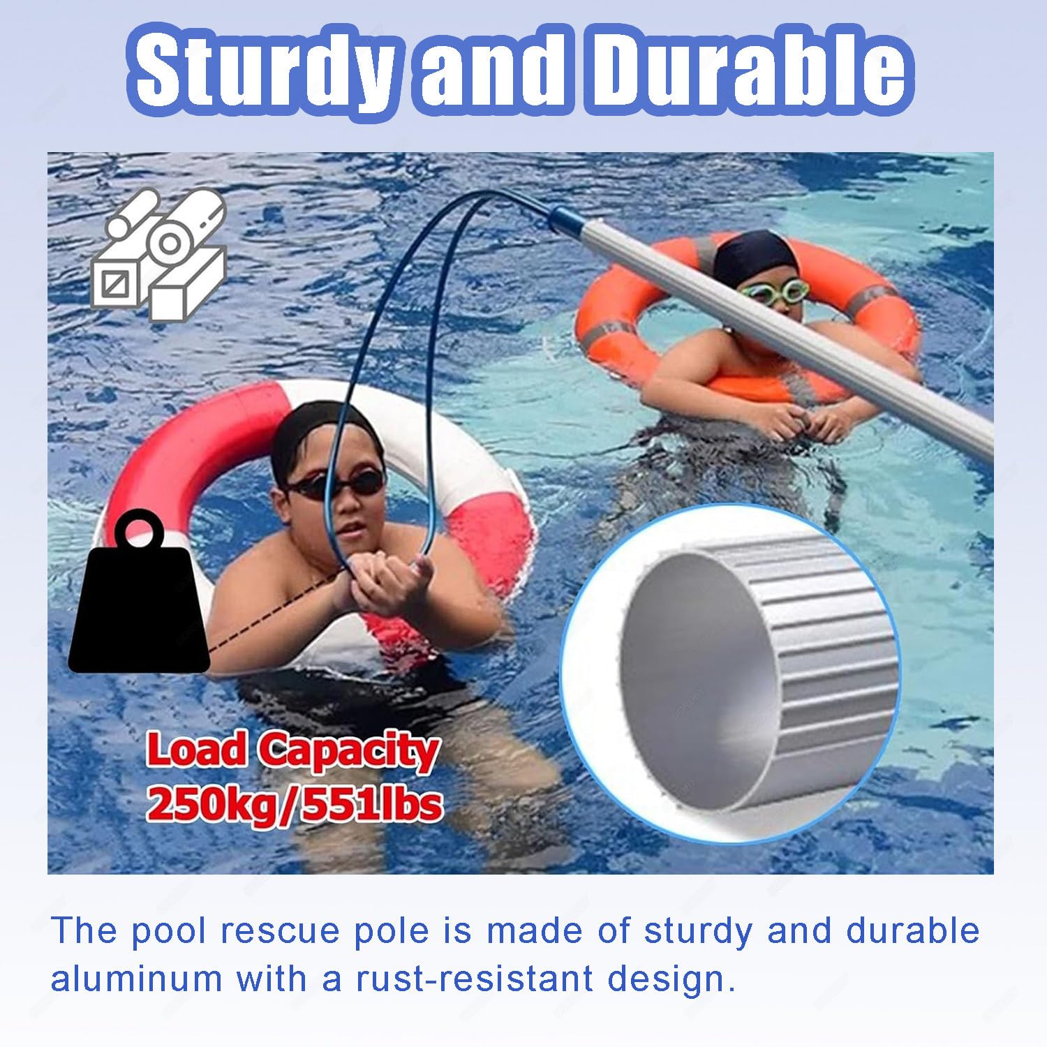 Gancio di Sicurezza telescopico per Piscina, Asta di Salvataggio Portatile per Bagnino per Salvataggio di Emergenza in Acqua, salvagente in Alluminio Resistente per Piscine e Laghi 2m-1piece