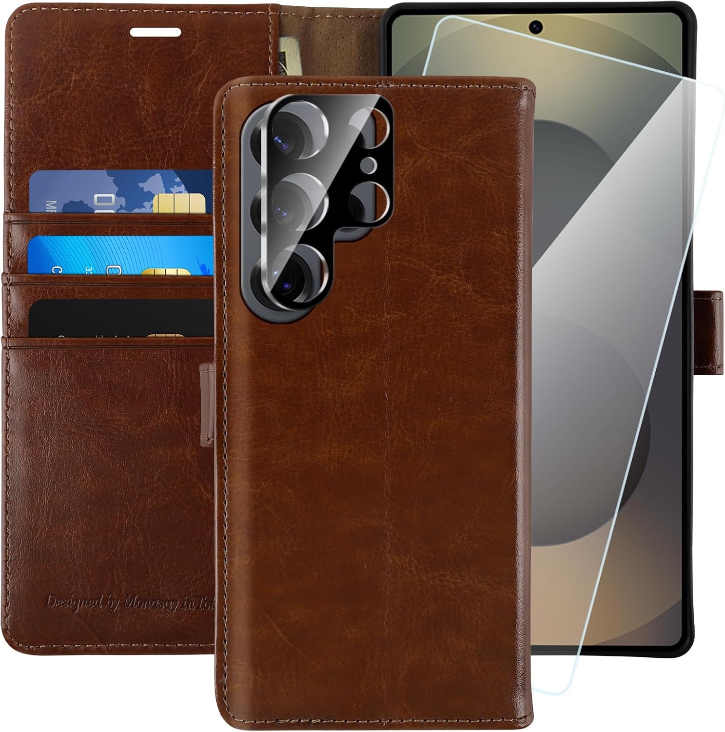 MONASAY Wallet Case Fit for Samsung Galaxy S25 Ultra 6.9 inch, [Lens & Glass Screen Protector Included] [RFID Blocking] Flip Folio Leather Cell Phone Cover with Credit Card Holder, Brown