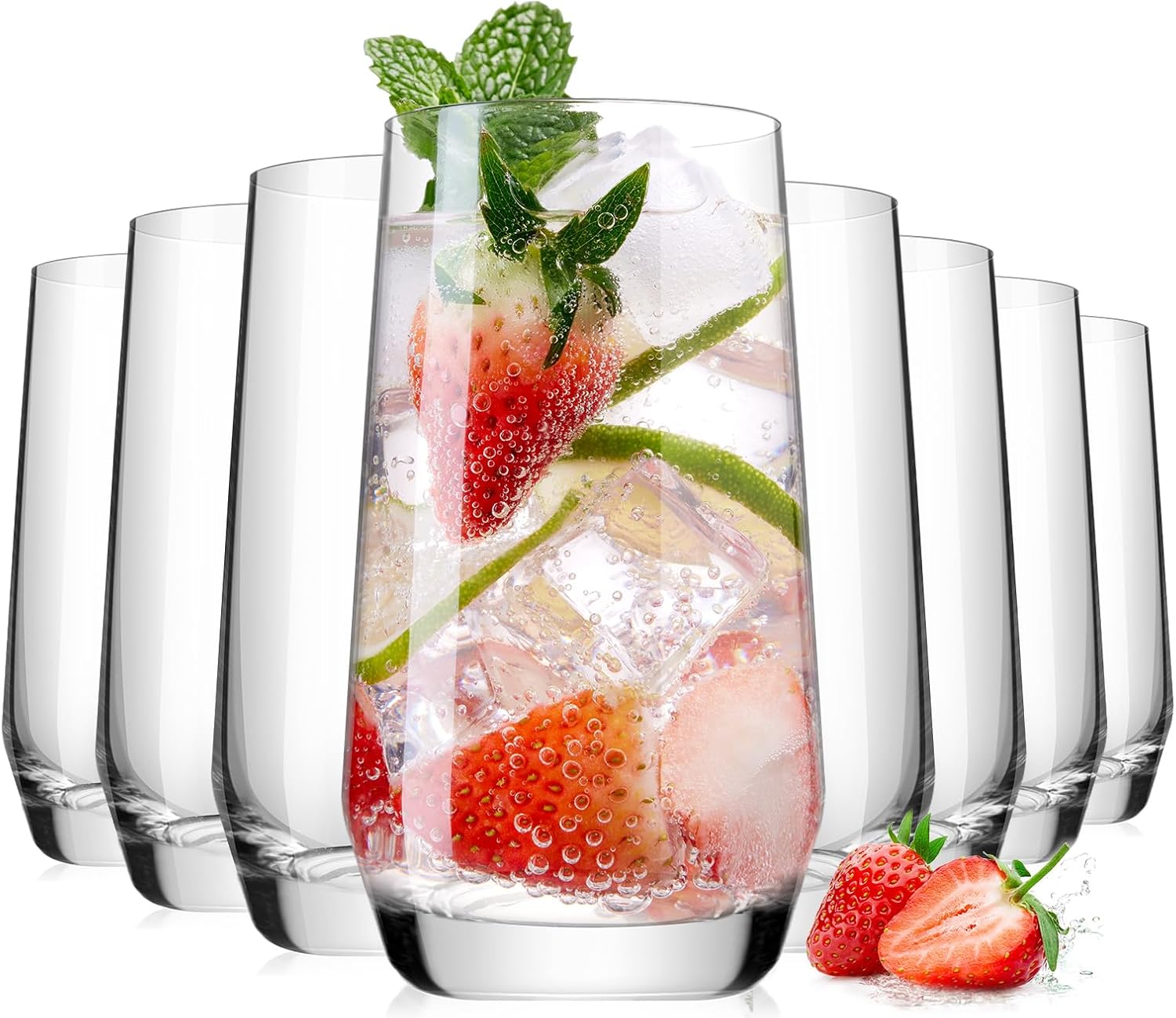 16.2oz Drinking Glasses Set of 8, Tall Water Highball Glasses, Unique Design Lead-Free Crystal Glassware, Glass Cups for Mojito and Mixed Drink Cocktail Glass Set