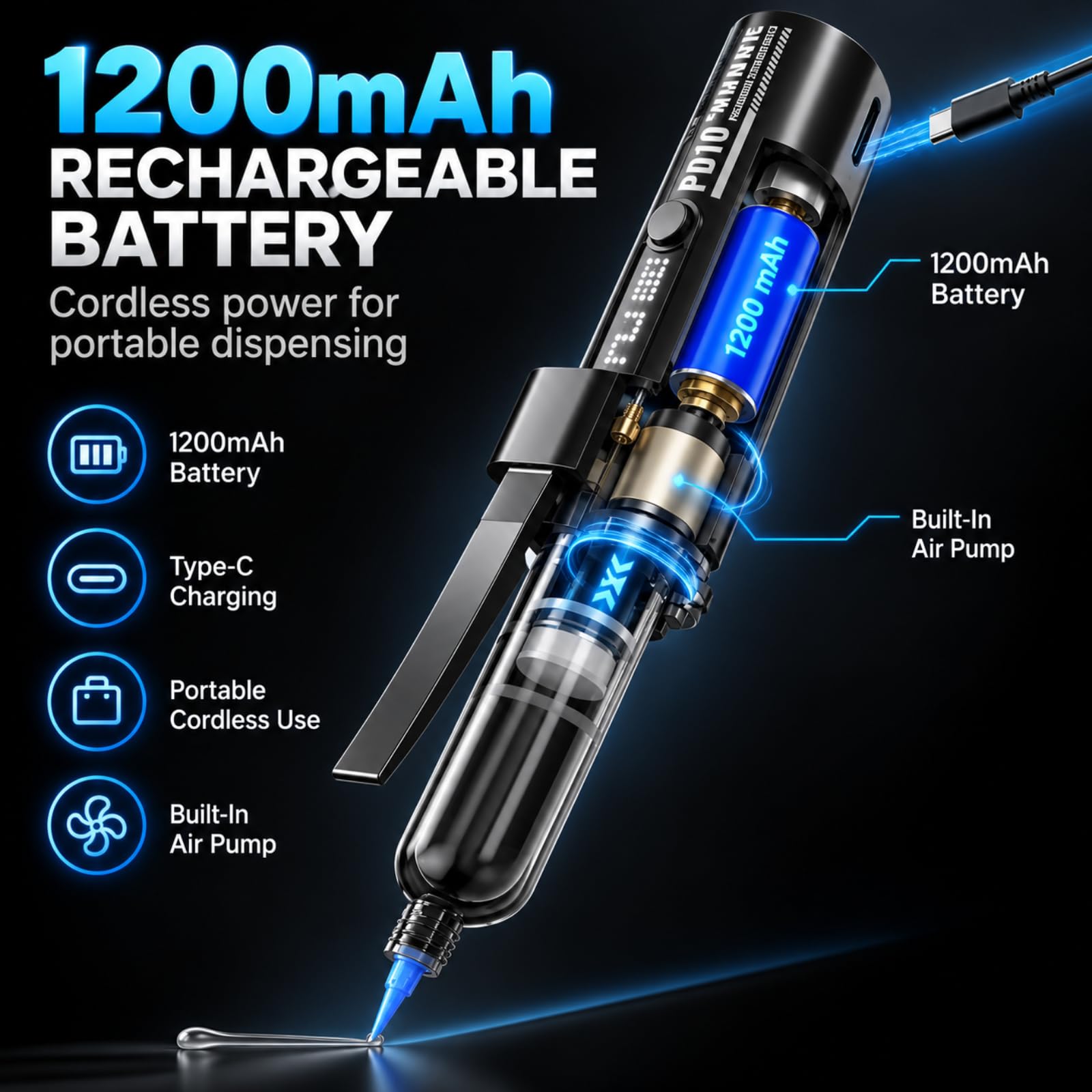 Distributore Di Colla Pneumatico Portatile Per Adesivi Da 10cc/30cc, Distributore Automatico Di Colla, Pompa Ad Aria Integrata, Sistema Antigoccia Con Aspirazione Automatica, Controllo A 3