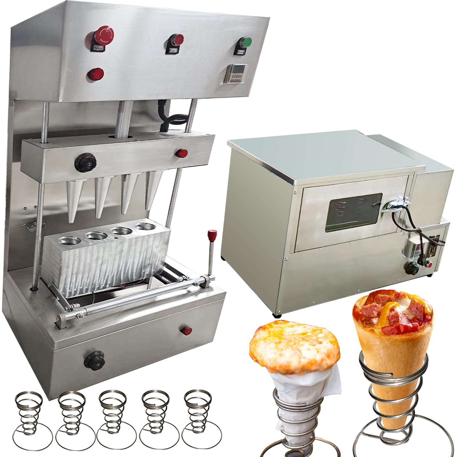 TXMACHINE® Pizza cone machine 4 cone maker with pizza oven,display warmer,pizza cone making machine,4 shapes (4 spiral maker+oven, 120V/60HZ)