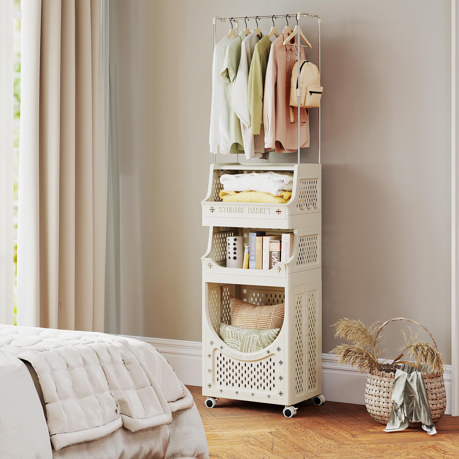 LIFEZEAL Cesto Biancheria Sporca 82 L con Stand Appendiabiti, Ruote, Piano Portaoggetti, 2 Mensole, 1 Scomparto, Mobile Portabiancheria, Cesto Pieghevole, Lavanderia, Bagno, Salvaspazio, Plastica