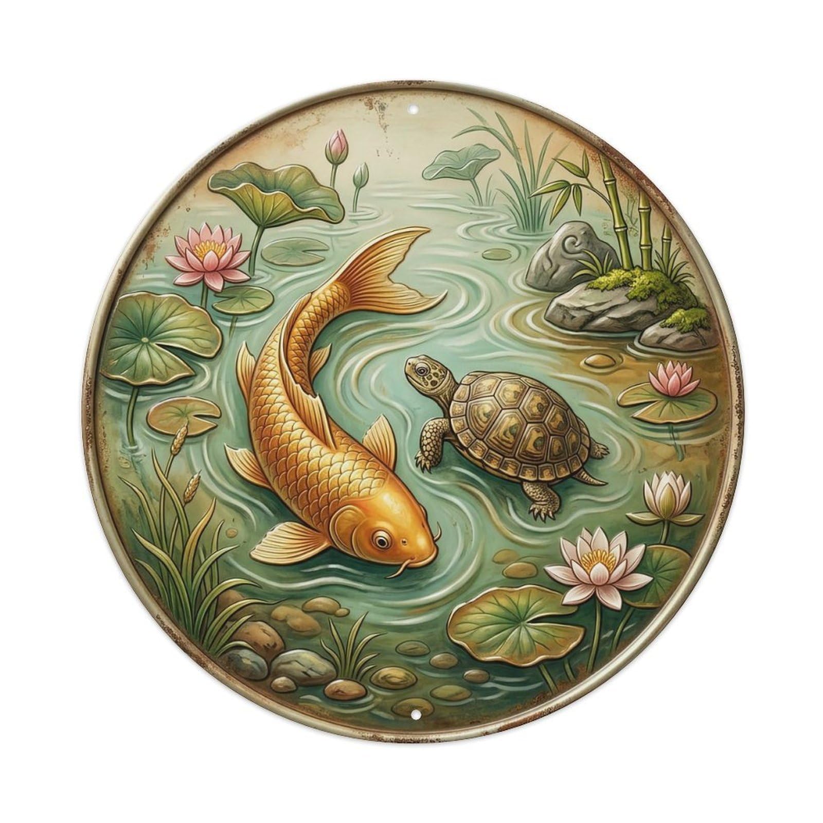 Tortoise Longevity Koi Fish Metal Tin Sign Plaque Wall Decor for Cafe, Club, Garden Round Metal Poster 8x8Inch