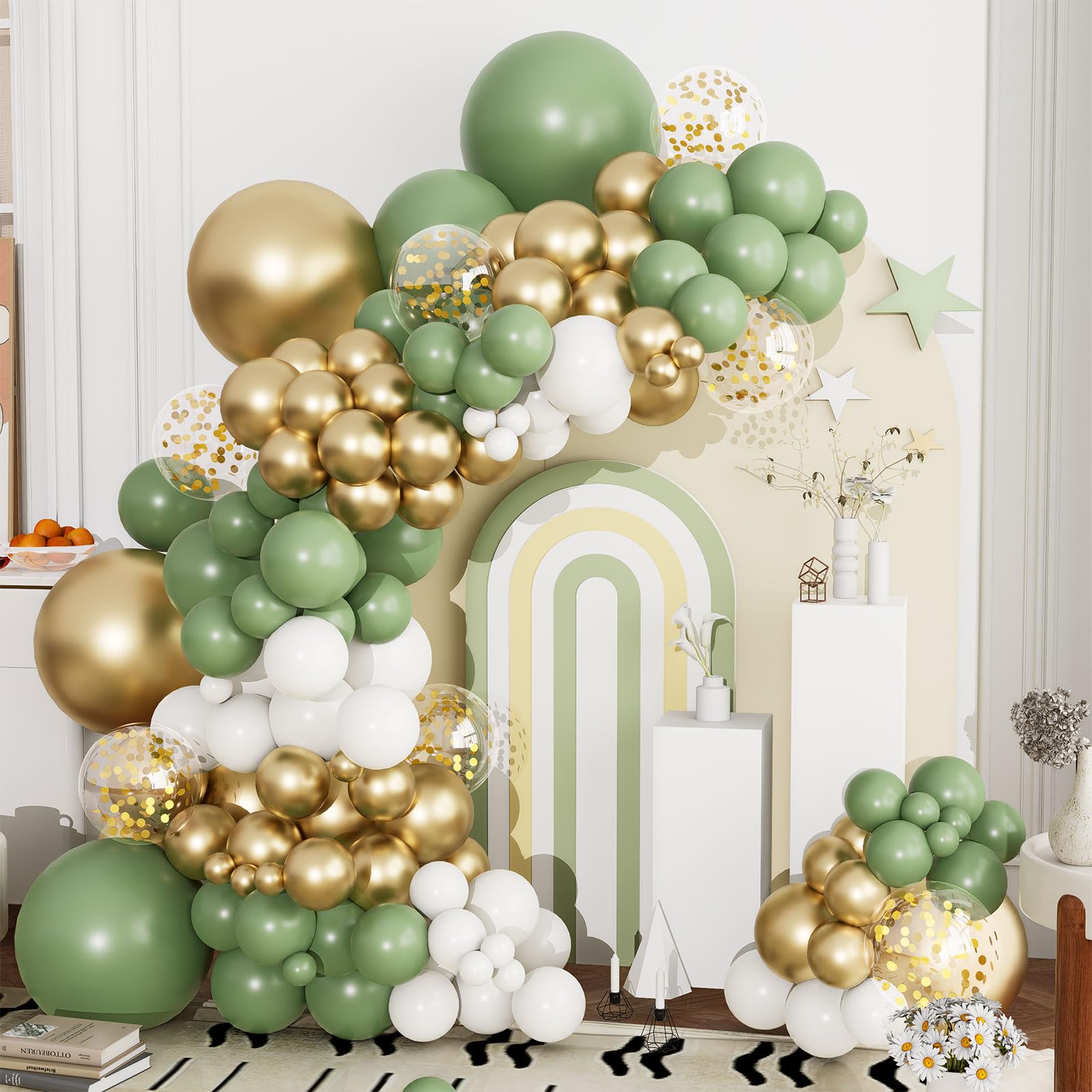 Sage Green White Gold Balloons Garland Arch Kit, 144Pcs 18/12/10/5Inch Sage Green White Metallic Gold and Confetti Latex Balloons for Birthday Baby