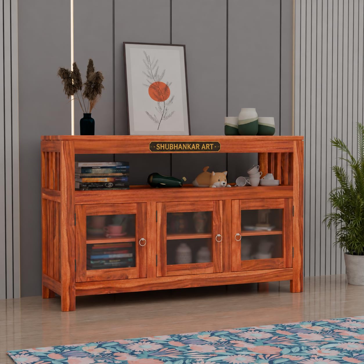 solid wood sideboard cabinet for living room | wooden storage cabinet with acrylic glass doors & open shelf | modern console cabinet for dining room, kitchen & entryway (honey finish)