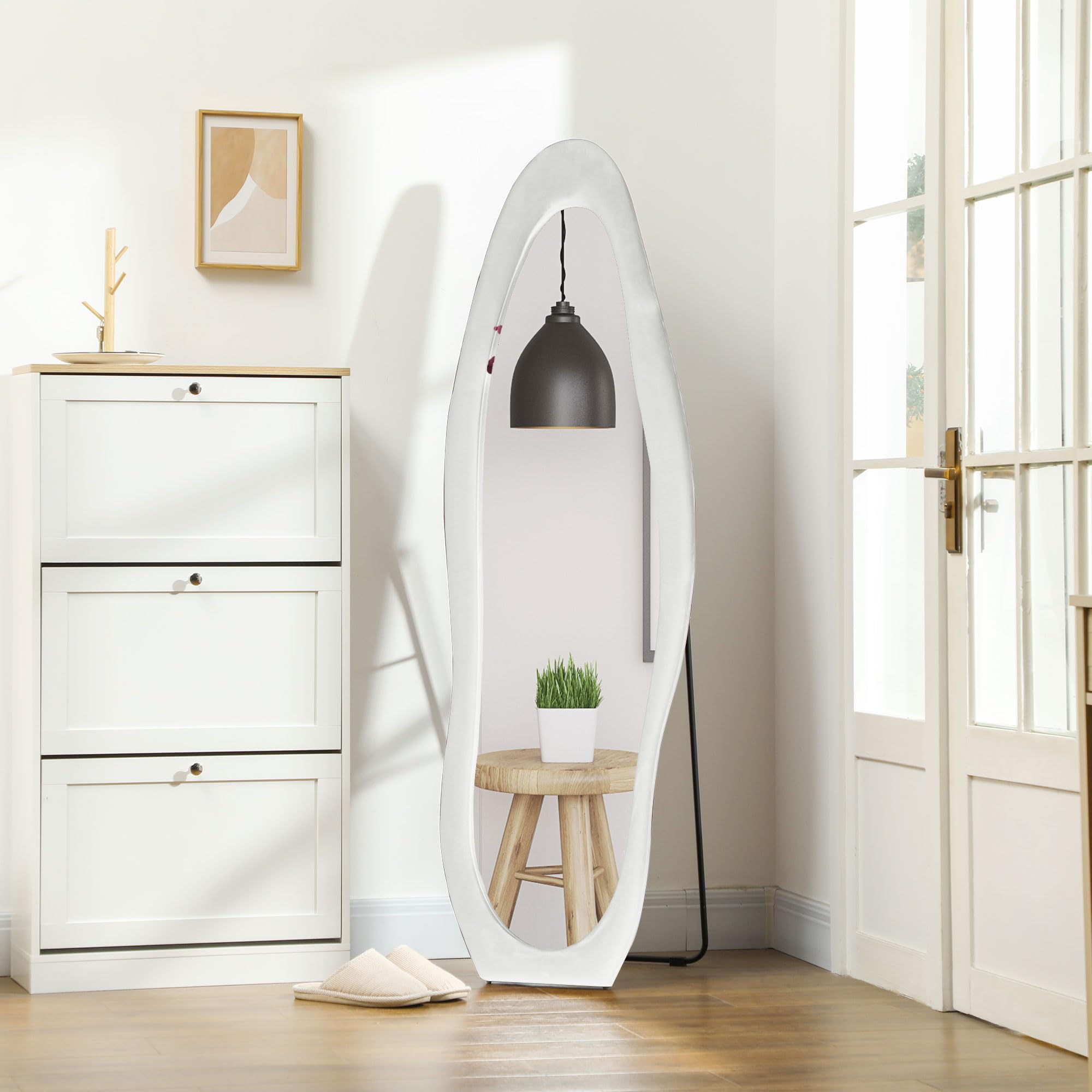 HOMCOM Miroir sur Toute la Longueur, 50 x 160 cm, avec revêtement en Velours, Miroir Mural ondulé irrégulier pour Chambre à Coucher, Salon, Blanc