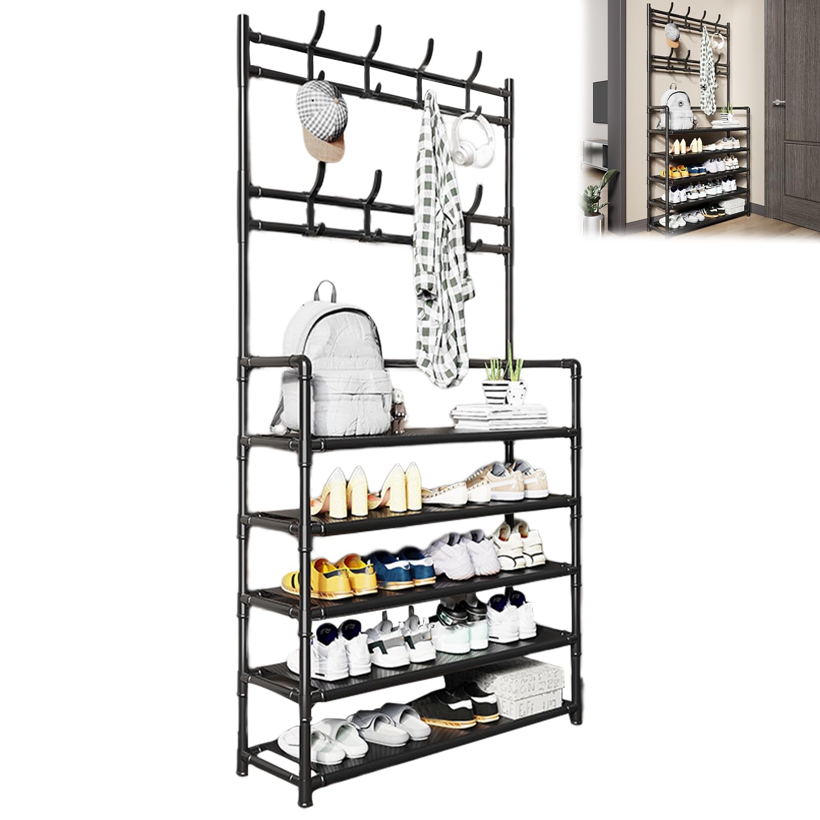 joukares 5-Layer Shoe and Coat Rack, 5-Tier Shoe Rack with Coat Hanger, Coat Rack with Shoes Storage, Shoes and Coat Racks for Hallway Entryway Dorm Bedroom Black