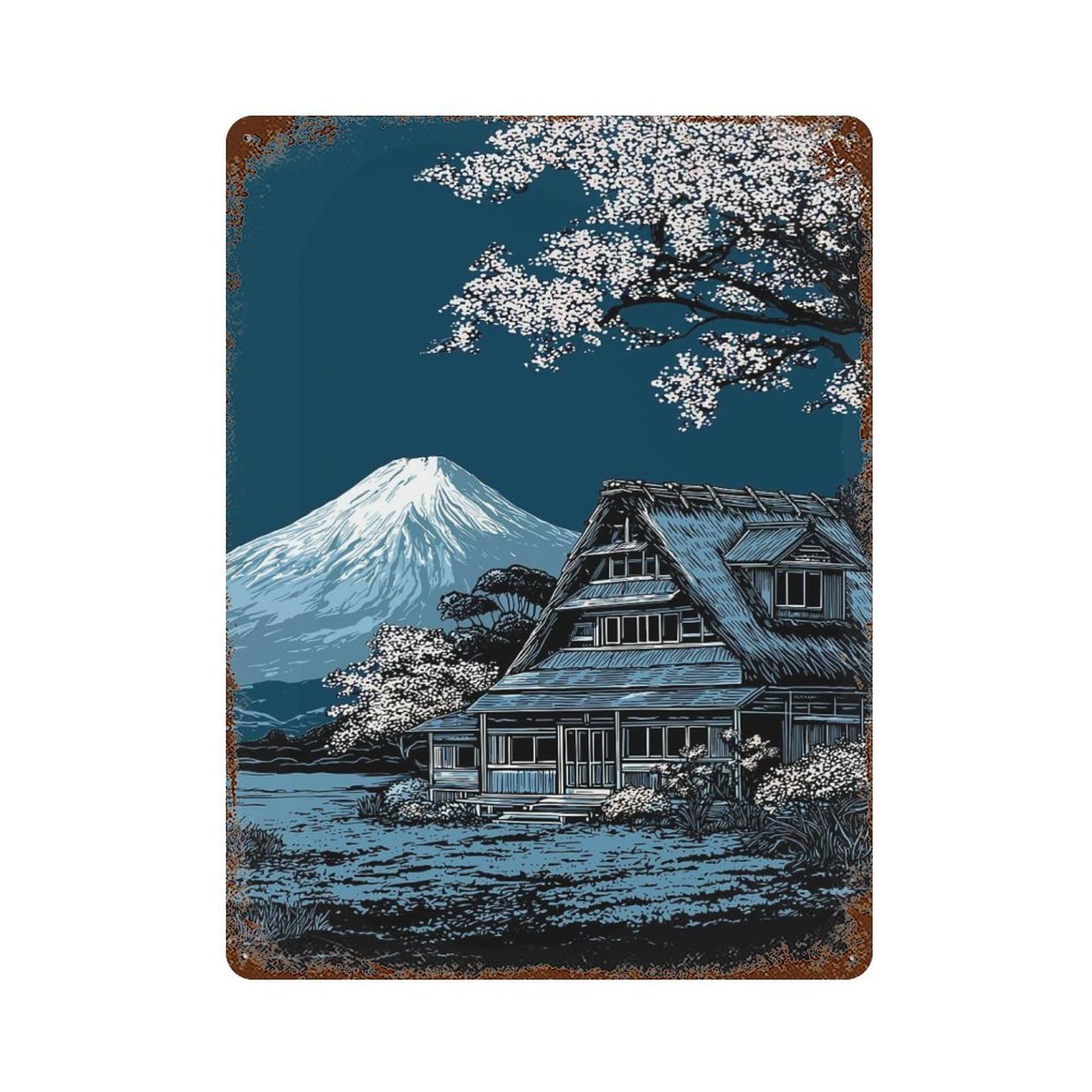 Rust Effect Japanese Landscape with Mount Fuji Vintage Rust Metal Sign 15.7"x11.8", Vintage Wall Decor for Garage, Bar And Workshop Decor