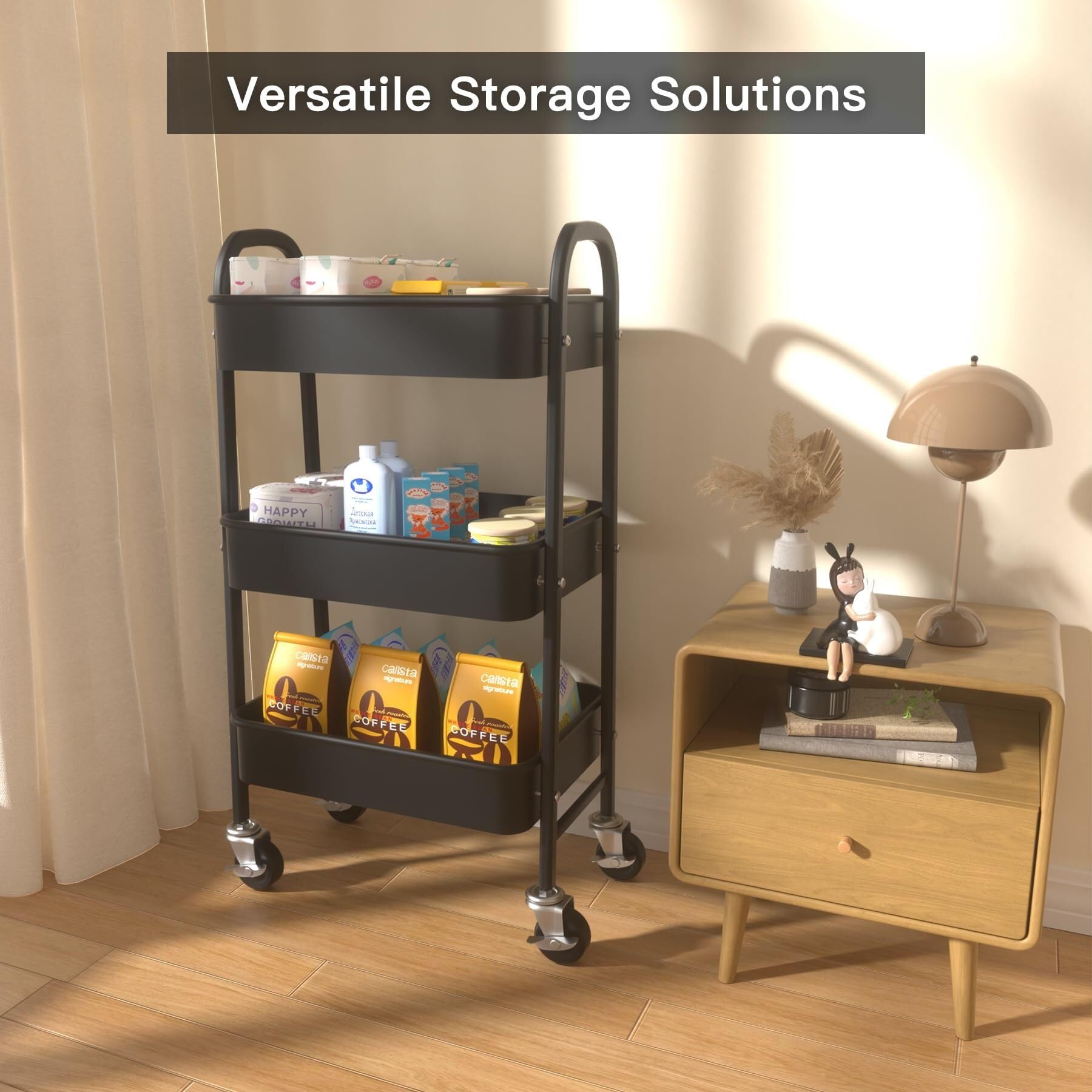 Carrito rodante de metal de 3 niveles con ruedas – Carro Sto que ahorra espacio para cocina, baño, oficina y maquillaje – Carrito de peluquería (negro)