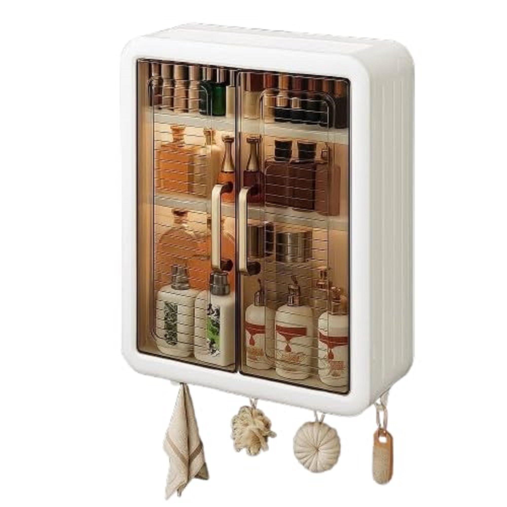 Wall Mounted Storage Cabinet with Transparent Double Doors and Hanging Hooks for Kitchen or Bathroom Use-picture-16