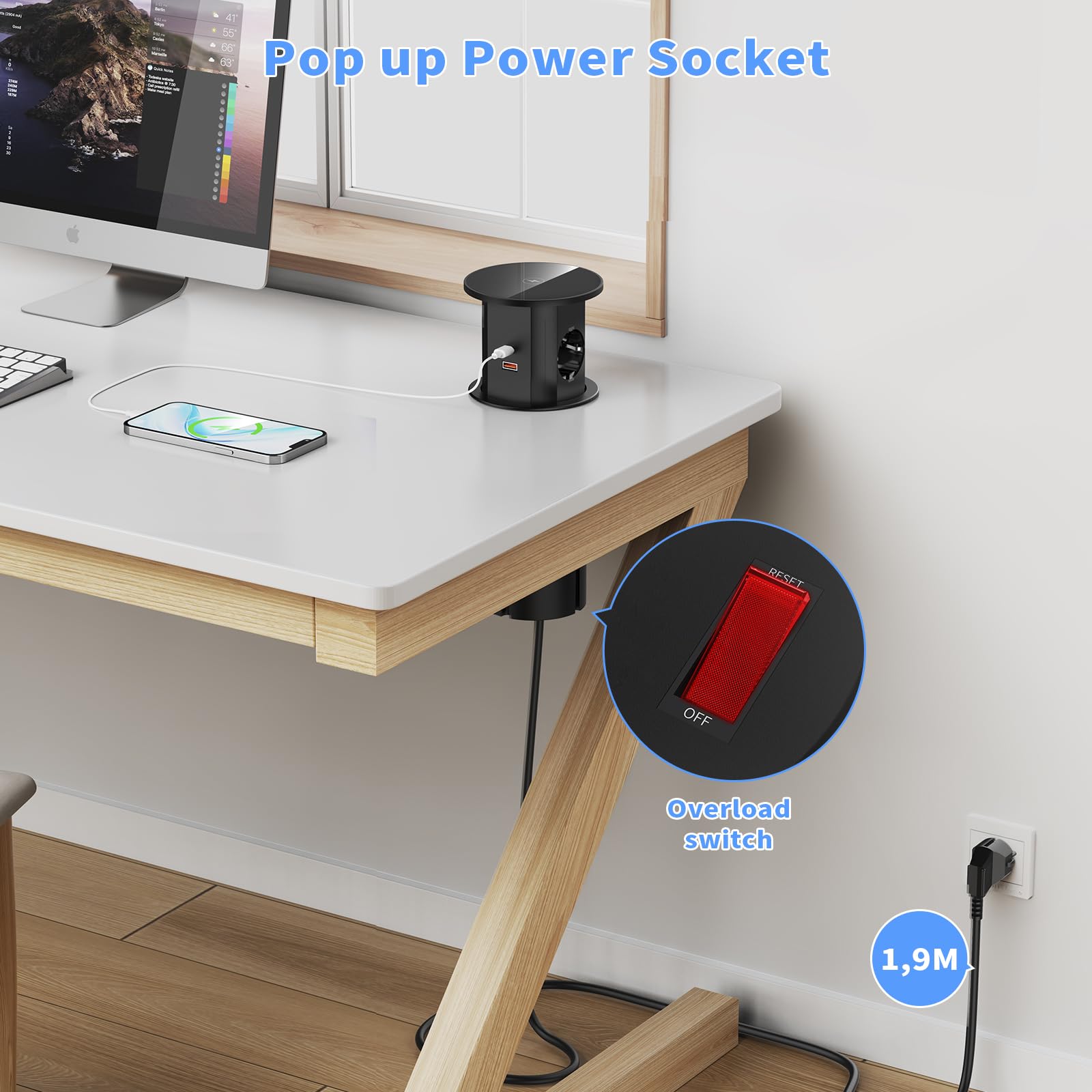 Versenkbare Steckdose mit 15W kabellosem Laden, USB-C PD 20W, Ø85 mm | 2 Schuko, 2 USB-C, 2 USB-A je 18W, Überlastschalter, 1,9 m Kabel, für Schreibtisch, Küche und Arbeitsplatte