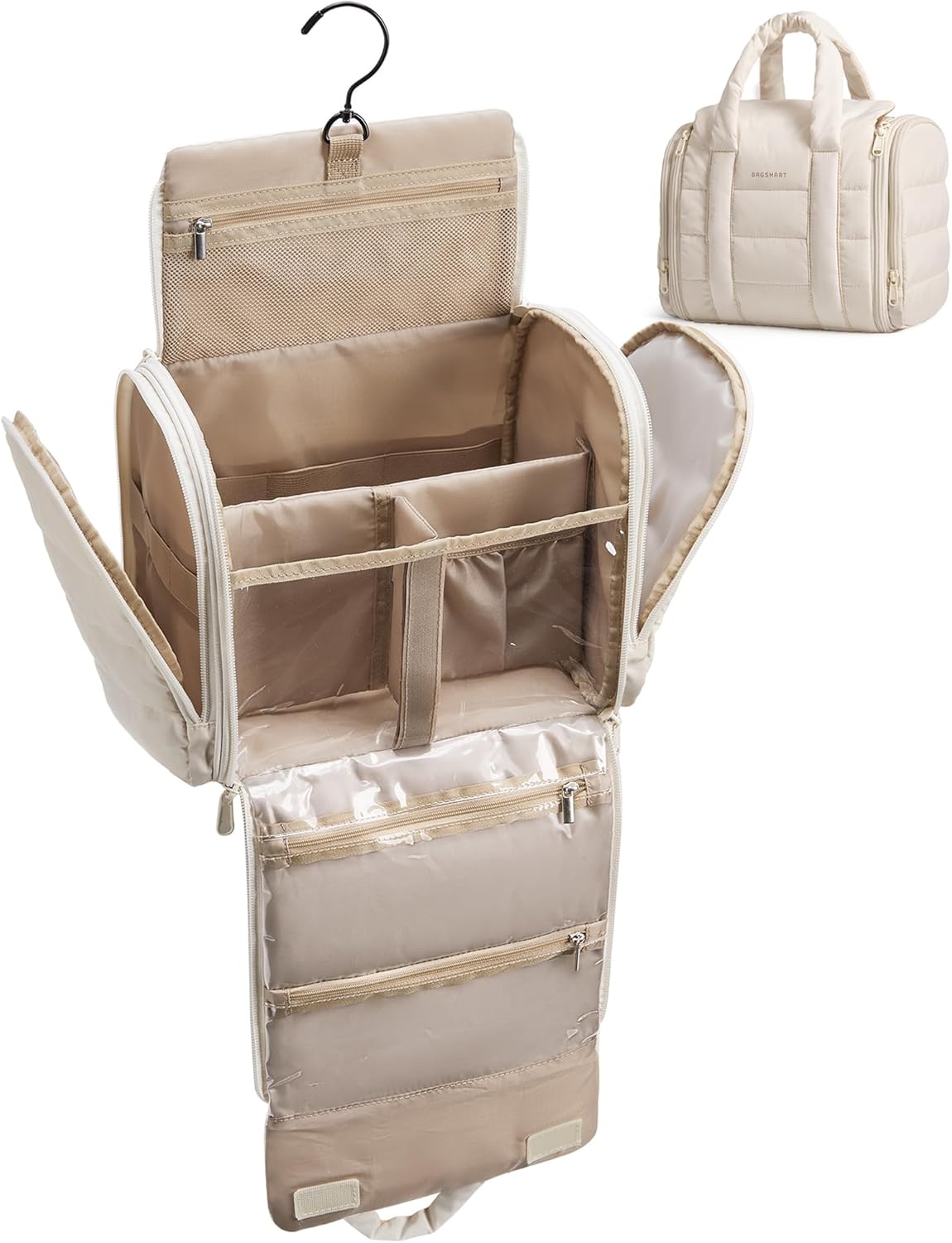 BAGSMART Toiletry Bag for Women with Hanging Hook, Puffy Water-resistant Makeup Cosmetic Bag for Accessories, Shampoo, Full-size Container, Toiletries, Beige
